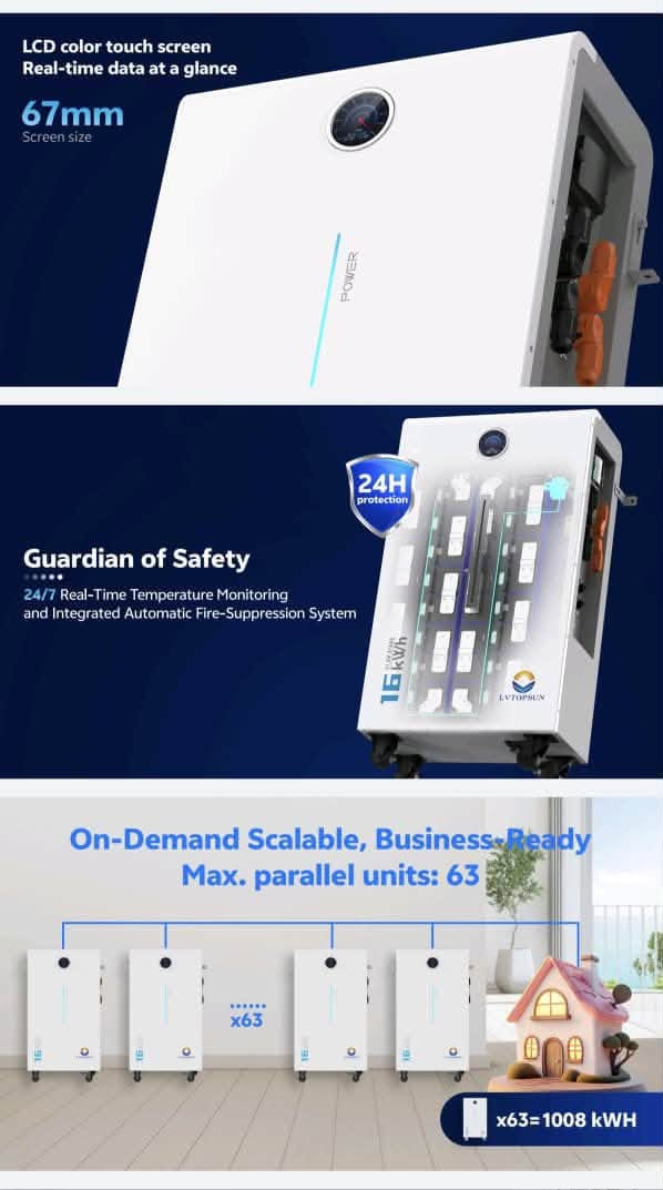 السلام عليكم ورحمة الله وبركاته 🌹

🔥 متوفر الآن لدى شركة Plan B – الخطة البديلة 🔥

🔋 بطاريات الليثيوم من شركة LVTOPSUN
بأحجام ومواصفات مختلفة، مناسبة للبيوت والمكاتب والشركات والمشاريع التجارية.

⚡ البطاريات المتوفرة:

🔹 LVTOPSUN 32KW

* 🔋 أكثر من 8000 دورة شحن
* ⚡ نسبة تفريغ 90% DOD
* 🛡️ ضمان 5 سنوات

🔹 LVTOPSUN 16KW G4 – IP65

* 🔋 8000 دورة شحن
* ⚡ نسبة تفريغ 90% DOD
* 🛡️ قاطع ضمني
* 📶 دعم Wi-Fi
* 💧 مقاومة للغبار والماء
* 🔥 نظام إطفاء حريق
* 🛡️ ضمان 10 سنوات

🔹 LVTOPSUN 16KW G3

* 🔋 8000 دورة شحن
* ⚡ نسبة تفريغ 90% DOD
* 🛡️ ضمان 5 سنوات

🔹 LVTOPSUN 5KW

* 🔋 بطارية ليثيوم عالية الكفاءة
* 🛡️ ضمان 5 سنوات

🔹 LVTOPSUN 5KW Rack – بدون شاشة

* 🔋 تصميم Rack للمشاريع والمكاتب
* 🛡️ ضمان 5 سنوات

🔹 LVTOPSUN 2.5KW – 25.6V

* 🔋 بطارية ليثيوم
* 🛡️ ضمان 5 سنوات

📦 متوفر أيضاً بكج نظام Rack كامل
يتكون من 4 بطاريات
🔋 كل بطارية 5KW
⚡ إجمالي القدرة 20KW
🛡️ ضمان 5 سنوات

🔥 الكميات محدودة والأسعار منافسة جداً — سارعوا بالحجز!

📍 العنوان: بغداد – الكرادة – شارع الصناعة
📞 للحجز والاستفسار: ***********

Plan B – الخطة البديلة
☀️ حلول الطاقة الشمسية بأيدي فريق هندسي متخصص

نص مكتوب في الصور:
- LVTOPSUN Nominal Voltage 51.2 Vdc Nominal Capacity 628 Ah Battery Energy 32 kWh Cell Technology LiFePO₄, Lithium Iron Phosphate Cycle life 8000 Cycles @ 90% DOD/25°C/0.5C, 60% EOL Scalability Max 63 batteries in parallel Warranty 5 years
- LVTOPSUN 51.2V 100AH 5.12KWH LIFEPO4 POWER WALL Nominal Voltage 51.2 Vdc Nominal Capacity 100 Ah Battery Energy 5.12 kWh Cell Technology LiFePO₄, Lithium Iron Phosphate Cycle life 6000 Cycles @ 90% DOD/25&deg;C/0.5C, 60% EOL Scalability Max 15 batteries in parallel Warranty 5 years
- 16. More Usable Energy 90% depth of discharge High Energy Single cell with 314Ah High Expansibility Max 63 batteries in parallel. Scalable from 16.07kWh to 1012.83kWh Flexible Installation Floor stand with wheels Perfect Compatibility Compatible with major inverter brand Smart Display Screen Touchscreen-control. Real-time battery status display 51.2V 314 AH 16.07 KWH LIFEPO4 POWER WALL Model LVTS-512314-G3 Performance Nominal Voltage 51.2 Vdc Nominal Capacity 314 Ah Battery Energy 16076.8 Wh Charge Voltage 56.16 V Maximum Charge Current 150 A Maximum Discharge Current 200 A Charge Voltage 55.68-56.16 Vdc Discharge Voltage 45.6-56.16 Vdc Short Circuit Current 540 A Communication Display LED indicator + LCD Display Communication RS232, RS485, CAN General Specification Dimension (WXDXH mm) 866x450x230 mm Weight (Kg) 119 kg Working Temperature Charge 0°C-45°C Discharge-20°C-55°C Storage Temperature Short Term (within 1 month)-10°C-45°C Long Term (within 1 year) 0°C-35°C Storage Humidity <95%RH Max Operating Altitude <2000m IP Rating IP20 Cell Type LiFePO₄, Lithium Iron Phosphate Warranty 5 years Cycle life 8000 Cycles @ 90% DOD/25°C/0.5C Ordering and Deliverable Part Product ordering part LVTS-512314 Battery (Cable included) 17.
- More Usable Energy 90% depth of discharge
- Highly Integrated All-In-One design
- Easy Installation Stacked design for both battery and inverter
- High Expansibility Scalable from 5.12kWh to 20.48kWh
- Smart Display Screen Touchscreen-control. Real-time battery status display
- Perfect Compatibility Compatible with mainstream inverter brand
- LCD color touch screen Real-time data at a glance 67mm Screen size Guardian of Safety 24/7 Real-Time Temperature Monitoring and Integrated Automatic Fire-Suppression System 24H protection 16 kWh LVTOPSUN On-Demand Scalable, Business-Ready Max. parallel units: 63 x63 x63=1008 kWh