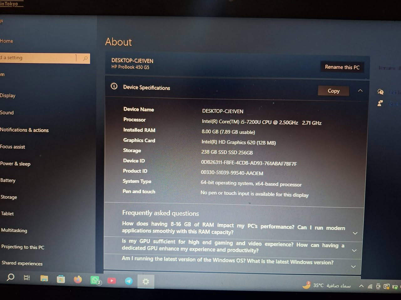 سلام عليكم
لابتوبhp للبيع 

i5-7200U

RAM 8.00 GB

128 MB

Edition Windows 10 pro
ملحقات جنطه وشاحنه 

قيم واذا عجبني السعر بعت 

ملاحظة-⚠️ الجهاز ممستخدم هواي يعني نضيف 

للاستفسار اكثر ***********
