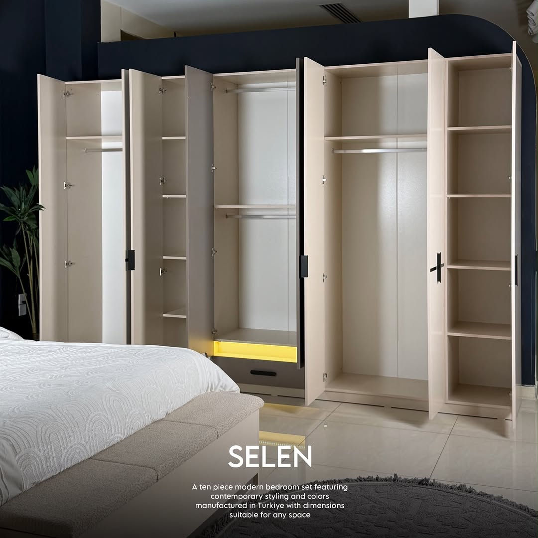 

نص مكتوب في الصور:
- SELEN A ten piece modern bedroom set featuring contemporary styling and colors manufactured in Türkiye with dimensions suitable for any space
- SELEN
- A ten piece modern bedroom set featuring
- contemporary styling and colors
- manufactured in Türkiye with dimensions
- suitable for any space
- A ten piece modern bedroom set featuring contemporary styling and colors manufactured in Türkiye with dimensions suitable for any space