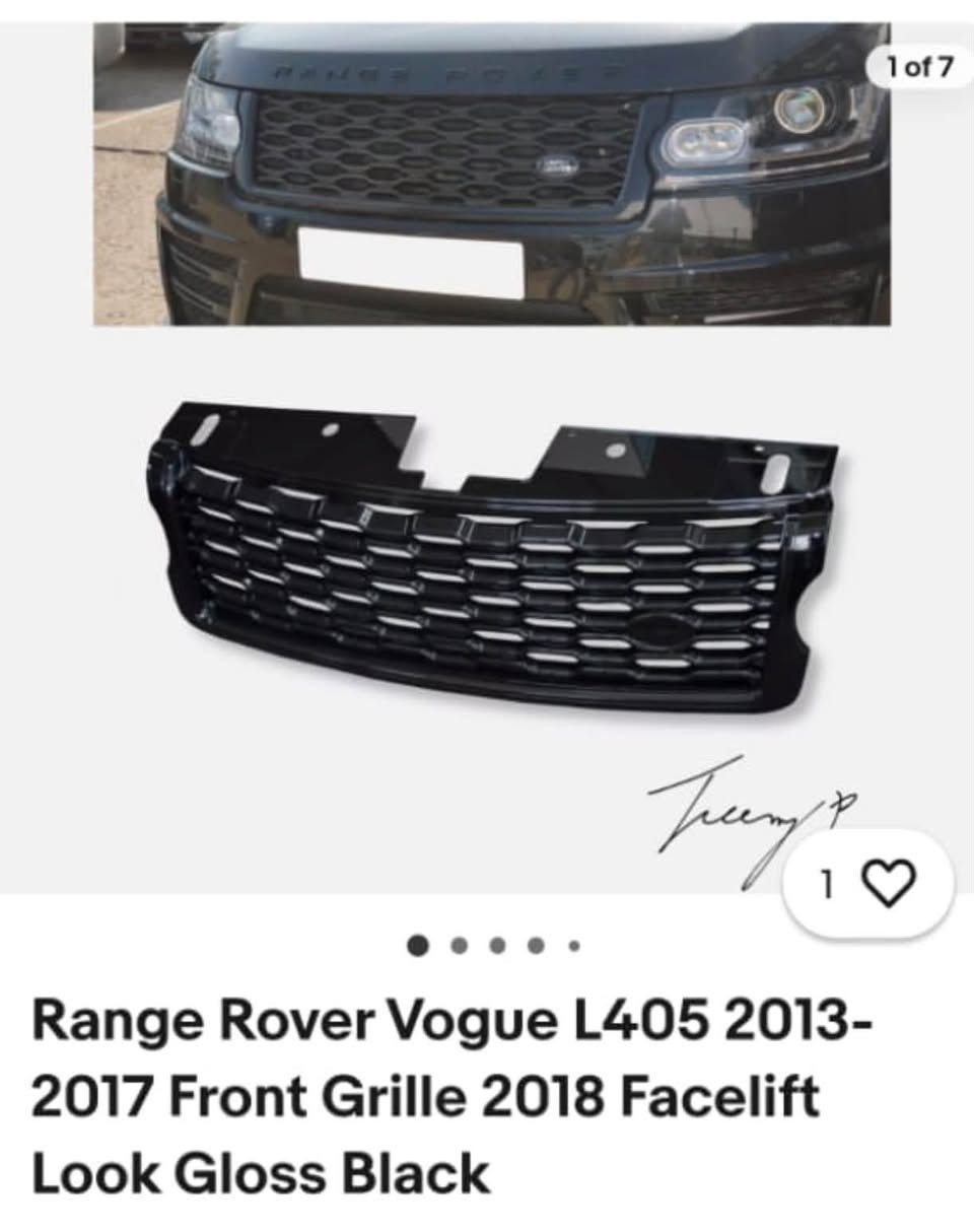 للبيع: شبك رنج روفر فوج (Range Rover Vogue L405) بتصميم تحديث 2018 المتميز! 🔥 اسود ملكي لامع بالكامل 
 بتحديث مظهر السيارة ومنحها لمسة رياضية وفخمة بتصميم موديل 2018 ✨  شبك أمامي تحديث إلى شكل 2018 يرهم مباشرة على موديلات 2013 إلى 2017 بدون أي تعديل أو ترهيم. 💰 السعر: [ 125 الف ]
📞 للتواصل والاستفسار: المراسلة على الخاص أو 
الاتصال على الرقم: [*********** ] ومتوفر توصيل 🚚

نص مكتوب في الصور:
- 1 of 7
- Range Rover Vogue L405 2013-2017 Front Grille 2018 Facelift Look Gloss Black