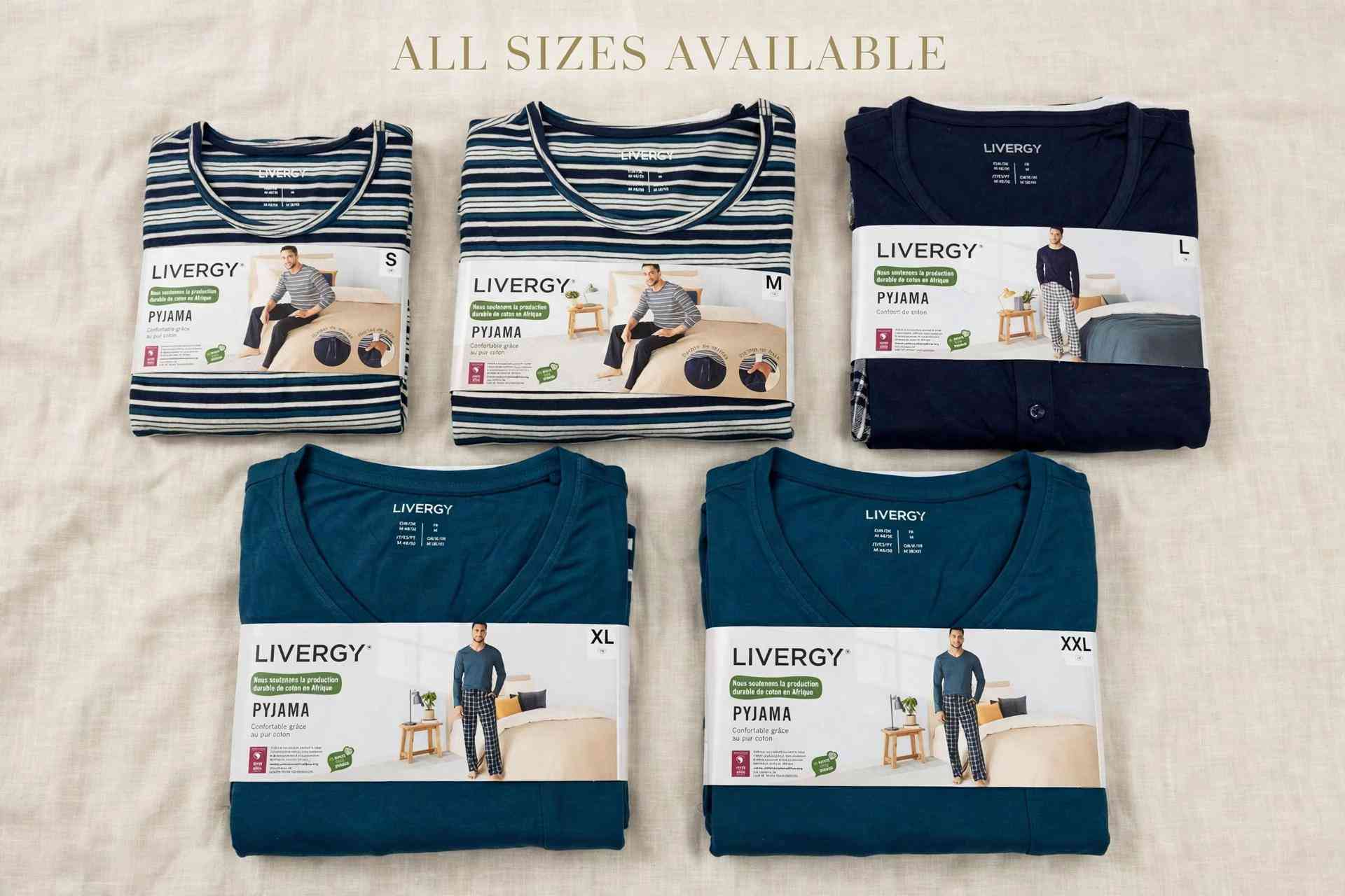 

نص مكتوب في الصور:
- LIVERGY · PYJAMA COLLECTION
- Striped Navy/White • Size M • 100% Cotton
- Classic Navy • Size M • 100% Cotton
- Teal Green • Size M • 100% Cotton
- ALL SIZES AVAILABLE
- LIVERGY - PYJAMA وصل جديد متابعه مع لايك للحجز *********** وتسساب COMFORTABLE - SUSTAINABLE COTTON - S to XXL - 3 FITS