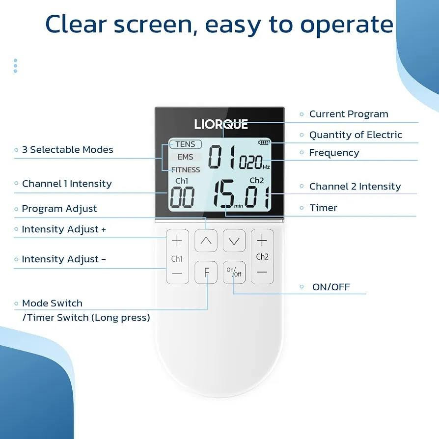 #محفز عضلات
#السعر 9 الاف

نص مكتوب في الصور:
- TENS+EMS+FITNESS 3 IN 1
- Independent Dual Channel
- 50 Massage Modes
- 16 Levels of Intensity
- Extra-long Use Time
- Timer Function
- Clear screen, easy to operate 3 Selectable Modes Channel 1 Intensity Program Adjust Intensity Adjust + Intensity Adjust - Mode Switch /Timer Switch (Long press) Current Program Quantity of Electric Frequency Channel 2 Intensity Timer ON/OFF
- Package Contents
- 10 x Electrode Pads (50*50mm)
- 1 x TENS Massage Device
- 1 x Micro USB Cable
- 2 x Lead Wire
- 1 x Storage Case
- 1 x User Manual
- Ultra-long battery life 250mAh Rechargeable Battery 2 Hours Charging Time 12 Days Using Time (30 Minutes per day)
- More Than 100 Times Reusable Non-woven Fabric Conductive Layer Terminals Conductive Carbon Film High Quality Gel
- Suitable for Body Areas Shoulder Back Legs Arms