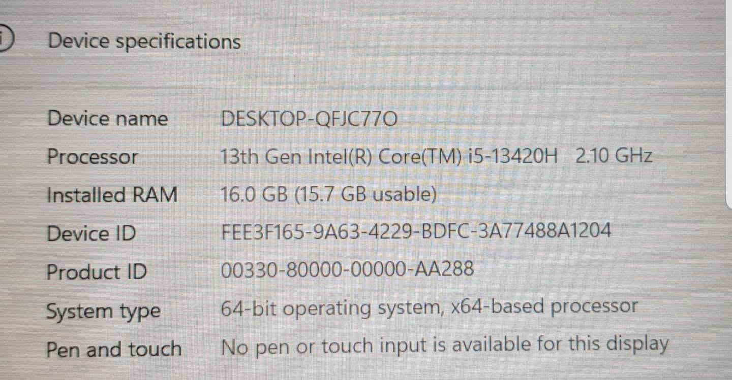 تحية طيبة ... لابتوب MSI  وكالة شرق اوسط مستعمل نظافة 100 بالمية مع الكارتون و الشاحن الاصلي لابتوب كيمنك مخصصة للالعاب او التصاميم من الجيل 13 بمعالج كور اي 5 فئة H اعلى فئة   لابتوب ذو مواصفات عالية جدا رام 16 كيكا وهارد SSD M.2 حجم 512 بكارت شاشة منفصل RTX  2050   بحجم 4 كيكا  وتردد شاشة 144 هيرتز وكيبورد ضوئي

           (((     السعر  950 الف دينار  ثابت  )))   

MSI  THIN 15
cpu : Core  i5  H     الجيل 13           
ram : 16 G 
hard : SSD  M.2  512 
vga : 4G  Nvidia RTX 2050
mon : 15.6 FULL HD 144  Htz ips

كيبورد ضوئي
صوت مسرحي عالي جدا و مجسم
بدون DVD

للأتصال عادي و واتساب  ***********
شارع الصناعة ( 9 - 4 ) نهارا
يوجد خدمة توصيل داخل بغداد 5 الف بنفس اليوم
ولجميع المحافظات 10 الف خلال يوم واحد او يومين
لمشاهدة كافة الموديلات يرجى زيارة الموقع على الفيس بوك ( لابتوب بشير لاين )

نص مكتوب في الصور:
- Device specifications Device name DESKTOP-QFJC77O Processor 13th Gen Intel(R) Core(TM) i5-13420H 2.10 GHz Installed RAM 16.0 GB (15.7 GB usable) Device ID FEE3F165-9A63-4229-BDFC-3A77488A1204 Product ID 00330-80000-00000-AA288 System type 64-bit operating system, x64-based processor Pen and touch No pen or touch input is available for this display
- NVIDIA CONTROL PANEL Version 610.62 NVIDIA GeForce RTX 2050