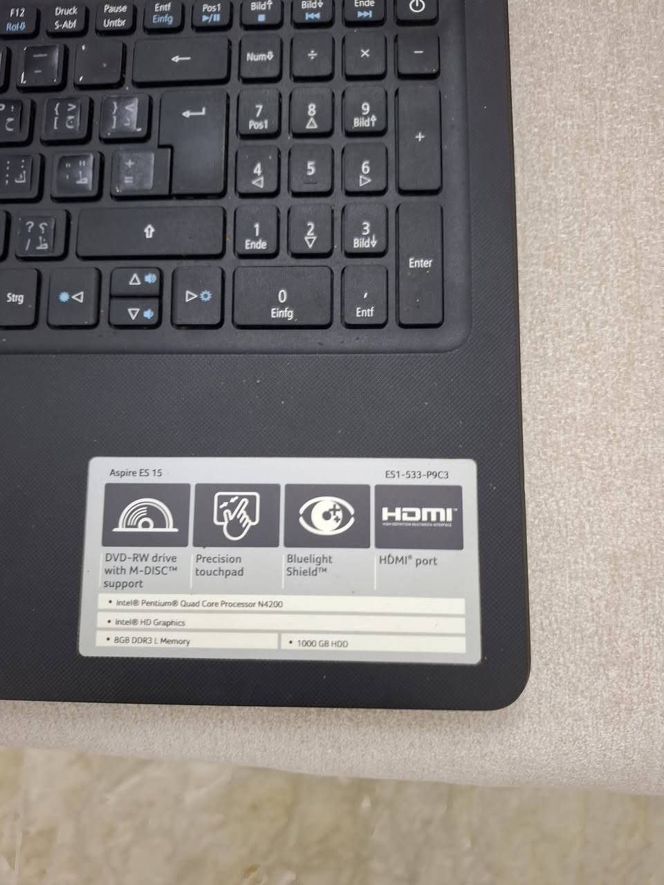لابتوب ايسر مواصفات بالصورة بطاريه جيدة جدا سعر 85 مكاني حي الاعلام ***********

نص مكتوب في الصور:
- About Your PC is being monitored and protected. See details in Windows Security Device specifications Device name DESKTOP-AURI03C Processor Intel(R) Pentium(R) CPU N4200 @ 1.10GHz 1.10 GHz Installed RAM 8.00 GB (7.83 GB usable) Device ID 8759A273-D316-4794-AD4F-E472847AD5B5 Product ID 00325-96091-73289-AAOEM System type 64-bit operating system, x64-based processor Pen and touch No pen or touch input is available for this display Copy Rename this PC Windows specifications Edition Windows 10 Home Version 22H2 Installed on 10/4/2026 OS build 19045.2965 Experience Windows Feature Experience Pack 1000.19041.1000.0 Copy