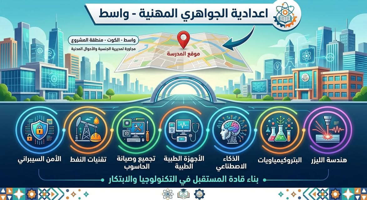 🎓 إعدادية الجواهري المهنية الأهلية المختلطة
✨ ترحّب بكم في العام الدراسي الجديد ✨
تعلن إدارة إعدادية الجواهري المهنية الأهلية المختلطة عن استقبال الطلبة للعام الدراسي الجديد، وبنظام الدوام المنفرد:
🌅 الدوام الصباحي: للبنات
☀️ الدوام الظهري: للبنين

📚 الأقسام المتوفرة:
1️⃣ صيانة الحاسوب
2️⃣ الأجهزة الطبية
3️⃣ الأمن السيبراني
4️⃣ البتروكيمياوي
5️⃣ هندسة الليزر
6️⃣ التربية الرياضية

❤️ دعمًا لأبنائنا وعوائلنا الكريمة
تتوفر تخفيضات خاصة لأبناء الشهداء والعوائل المتعففة، تقديرًا لتضحياتهم ودعمًا لمسيرتهم التعليمية.

🌟 ترحيب بالعالم الجديد… وبداية لمستقبلٍ يصنعه العلم والمهارة.

📞 للاستفسار والتسجيل:
***********
***********

📍 إعدادية الجواهري المهنية الأهلية المختلطة
التميز عنواننا… والمستقبل هدفنا. الموقع المشروع مجاور الجنسيه

نص مكتوب في الصور:
- اعدادية الجواهري المهنية - واسط واسط - الكوت - منطقة المشروع مجاورة لمديرية الجنسية والأحوال المدنية موقع المدرسة الأمن السيبراني تقنيات النفط تجميع وصيانة الحاسوب الأجهزة الطبية الطبية الذكاء الاصطناعي البتروكيمياويات هندسة الليزر بناء قادة المستقبل في التكنولوجيا والابتكار
- اعدادية الجواهري المهنية المختلطة الأهلية زي رسمي... هوية وانتماء تميز تعليم مهارات قيم العنوان واسط - المشروع للاستفسار والتواصل ***********