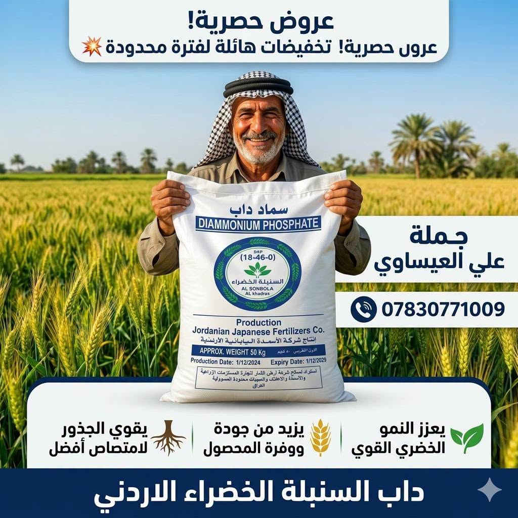 🚜 تم وصول سماد الداب السنبلة الخضراء الأردني 🇯🇴
🌾 علامة السنبلة الخضراء ✅ إنتاج الشركة الأردنية اليابانية للأسمدة ✅ متوفر بكميات كبيرة ✅ أسعار مناسبة مع تخفيضات خاصة للفلاحين ✅ بيع بالجملة والمفرد ✅ سعر تنافسي 🚚 توصيل مجاني

📍 العنوان: بابل – الكفل – مقابل كراج بني مسلم

📞 للاستفسار والطلب: ***********
***********

#داب #السنبلة_الخضراء #DAP #توصيل_مجاني #أسعار_جملة #بابل #الكفل
...ز.

نص مكتوب في الصور:
- 🔥 عروض خيالية لفترة محدودة جداً! لا تفوتوا الفرصة! 🔥 جملة علي العيساوي *********** تعزيز نمو الجذور بقوة زيادة غلة المحاصيل وجودتها فعالية سريعة تحسين امتصاص المغذيات مصدر غني بالفوسفور والنيتروجين داب السنبله الخضراء الاردني
- عروض حصرية! عروض حصرية! تخفيضات هائلة لفترة محدودة جملة علي العيساوي *********** يقوي الجذور لامتصاص أفضل يزيد من جودة ووفرة المحصول يعزز النمو الخضري القوي داب السنبلة الخضراء الاردني
- داب السنبلة الخضراء
- جملة
- علي العيساوي
- ***********