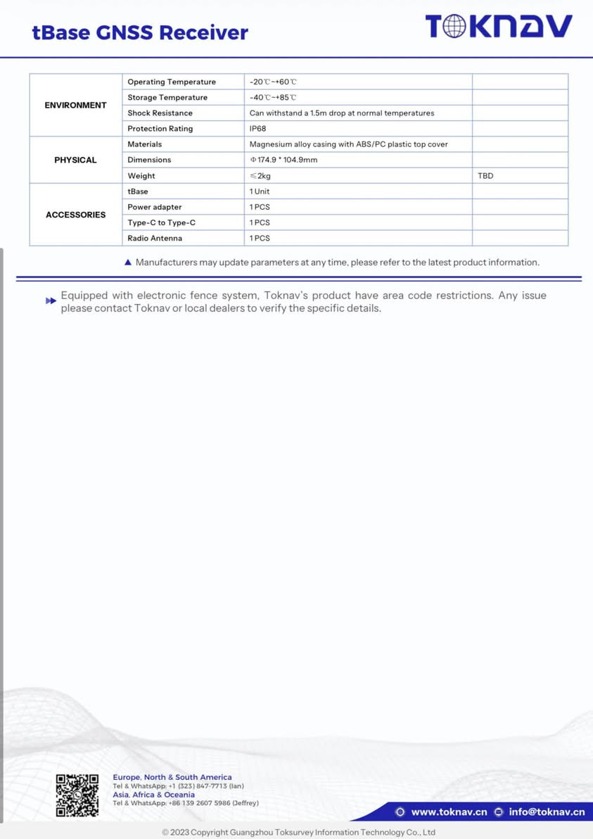 شركة الاحتراف الهندسي
الوكيل الحصري في العراق لشركة TOKNAV
tBase GNSS Receiver
�  دقة عالية +قوة ارسال + بطارية طويلة
� 1408 قناة GNSS
🔹 يدعم GPS / GLONASS / BDS / GALILEO / QZSS / SBAS / NavIC
🔹 دقة RTK تصل إلى:
±(8mm + 1ppm) أفقياً
±(15mm + 1ppm) عمودياً
🔹 دقة الوضع Static تصل إلى ±2.5mm + 1ppm أفقياً
🔹 IMU Tilt مع تصحيح الميل حتى 60°
🔹 راديو UHF داخلي عالي القدرة 410–470 MHz
🔹 قدرة إرسال تصل إلى 5W حسب الإعداد
🔹 يدعم 4G + Wi-Fi + Bluetooth
🔹 يدعم بروتوكولات الراديو TRIMTALK / TRIMMK3 / SOUTH / TRANSEOT
🔹 تردد تحديث يصل إلى 20Hz
🔹 ذاكرة داخلية 32GB
🔹 بطارية ضخمة 13,800mAh
🔹 تشغيل أكثر من 12 ساعة في وضع Base مع راديو 5W
🔹 حماية IP68 ضد الماء والغبار
🔹 يتحمل السقوط حتى 1.5 متر
🔹 هيكل قوي من سبائك المغنيسيوم
🔹 وزن 1.5 كغم
🔹 أبعاد 174.9 × 104.9mm
🔹 يعمل بدرجات حرارة من -20°C إلى +60°C. 
يغطي مساحة 15km
� ويانا هدايا عند الشراء:
📏 Pole (رود)
⚡ فلاش
🎁 هدايا إضافية
💵السعر 2,500,000
🛡️ ضمان وخدمة ما بعد البيع

🏢 شركة الاحتراف الهندسي
📍 بغداد – نفق الشرطة

📞 للطلب والاستفسار:
***********

نص مكتوب في الصور:
- TOKnAV tBase GNSS Receiver The tBase is developed specifically for professional base station applications. It features a high-precision positioning module, supporting full-system, multi-frequency satellite signal tracking. Equipped with 4G, Bluetooth, WiFi, a 5W radio, and a large-capacity battery, it meets the demands for concurrent data links at base stations and alleviates the endurance concerns typical of built-in radio work modes, making measurements more convenient and efficient. Characteristic Linux Smart System Runs on a Linux+ARM Cortex-A7 platform, offering high-efficiency computing and infinite scalability of product functions. Full System GNSS Reception The receiver integrates a high-precision positioning module, utilizing 1408 channels to support a comprehensive range of signals including BDS (B1I/B2I/B3I/B1C/B2a/B2b), GPS (L1/L2/L5), GLONASS (L1/L2/L3), Galileo (E1/E5a/E5b/E6), and QZSS (L1/L2/L5) Extended Range and Battery Life Features a built-in radio capable of 5W transmissions and a 13800mAh battery, ensuring operational distances over 15km and continuous operation up to 15 hours. Concurrent Data Links The integrated 4G and 5W radio enable simultaneous network and radio differential transmission, streamlining operations by eliminating the need to choose between radio and network. Remote VPN Management With an integrated VPN, the receiver allows remote configuration of various functions without the need to return to the base station setup point, facilitating flexible adjustment of work requirements in complex environments. IP68 Design Industrial-Grade Design, Robust Magnesium Alloy Casing, Meeting IP68 Standards for Durability and Reliability. Europe, North & South America Tel & WhatsApp: +1 (323) 847-7713 (Ian) Asia, Africa & Oceania Tel & WhatsApp: +86 139 2607 5986 (Jeffrey) www.toknav.cn info@toknav.cn 2023 Copyright Guangzhou Toksurvey Information Technology Co., Ltd
- tBase GNSS Receiver TOKNAV ITEM SPECIFICATION REMARKS HARDWARE SYSTEM ARM Cortex-A7 1.8GHz OS Linux GPS L1 C/A, L1C, L2P(Y), L2C, L5 GLONASS L1, L2, L3 BDS B1I, B2I, B3I, B1C, B2a, B2b GALILEO E1, E5a, E5b, E6 QZSS L1, L2, L5 SBAS L1 GNSS NavIC (IRNSS)* L5 Channel 1408 Standard Output NMEA-0183 Correction I/O Protocol RTCM 3.X Frequency 20Hz 20Hz Max Reacquisition Time <1s Cold Start Time <40s ACCURACY SINGLE (RMS) Horizontal: 1.5m / Vertical: 2.5m DGPS (RMS) Horizontal: 0.4m / Vertical: 0.8m RTK (RMS) Horizontal: ± (8mm+1ppm) Vertical: ± (15mm+1ppm) Timing Precision (RMS) 20ns Static Mode Precision (RMS) Horizontal: ± (2.5mm+1ppm) Vertical: ± (5mm+1ppm) Velocity Estimation (RMS) 0.03m/s Tilt Correction (Within 60°) <2cm SYSTEM PLATFORM Bluetooth BR+EDR+BLE WIFI 802.11 b/g/n Network LTE FDD: B1/2/3/4/5/7/8/12/13/18/19/20/25/26/28 LTE TDD: B38/39/40/41 WCDMA: B1/2/4/5/6/8/19 GSM: B2/3/5/8 Radio Integrated high-power transceiver Frequency Range: 410~470MHz Power: 5W(37±1dBm) 1W(30±1dBm) Protocols: TRIMTALK, TRIMMK3, SOUTH, TRANSEOT Air Baud Rate: 9600, 19200 Storage 32GB storage INDICATOR Power Indicator Indicates power and charging status Differential Signal Indicator Indicates differential signal transmission status Satellite Indicator Indicates satellite reception status Bluetooth Indicator Indicates Bluetooth connection status BATTERY/CHARGE Capacity 7.2V, 13800mAh Endurance Over 15 hours (In high-power build-in radio transmission mode) TBD Charging Supports USB PD 15V/2A and 5V/3A With adaptive dynamic current adjustment Europe, North & South America Tel & WhatsApp: +1 (323) 847-7713 (Ian) Asia, Africa & Oceania Tel & WhatsApp: +86 139 2607 5986 (Jeffrey) www.toknav.cn info@toknav.cn © 2023 Copyright Guangzhou Toksurvey Information Technology Co., Ltd
- tBase GNSS Receiver TOKNAV ENVIRONMENT Operating Temperature -20 C~+60 C Storage Temperature -40 C~+85 C Shock Resistance Can withstand a 1.5m drop at normal temperatures Protection Rating IP68 PHYSICAL Materials Magnesium alloy casing with ABS/PC plastic top cover Dimensions Ф174.9 * 104.9mm Weight ≤2kg TBD ACCESSORIES tBase 1 Unit Power adapter 1 PCS Type-C to Type-C 1 PCS Radio Antenna 1 PCS Manufacturers may update parameters at any time, please refer to the latest product information. Equipped with electronic fence system, Toknav's product have area code restrictions. Any issue please contact Toknav or local dealers to verify the specific details. Europe, North & South America Tel & WhatsApp: +1 (323) 847-7713 (Ian) Asia, Africa & Oceania Tel & WhatsApp: +86 139 2607 5986 (Jeffrey) www.toknav.cn info@toknav.cn 2023 Copyright Guangzhou Toksurvey Information Technology Co., Ltd
