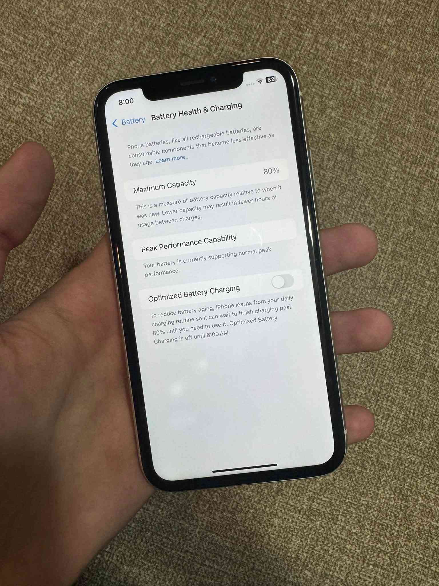 ايفون xr للبيع
بطارية 80
ذاكرة 128gb
جهاز نضيف مثل ما واضح بالصور
شاشة مبدلة اصلية
سعر 120 الف
مكاني موصل 
للاستفسار تواصل واتس اب على الرقم:
***********
***********

نص مكتوب في الصور:
- 8:00 82 Battery Battery Health & Charging Phone batteries, like all rechargeable batteries, are consumable components that become less effective as they age. Learn more... 80% Maximum Capacity This is a measure of battery capacity relative to when it was new. Lower capacity may result in fewer hours of usage between charges. Peak Performance Capability Your battery is currently supporting normal peak performance. Optimized Battery Charging To reduce battery aging, iPhone learns from your daily charging routine so it can wait to finish charging past 80% until you need to use it. Optimized Battery Charging is off until 6:00 AM.
- 8:01 82 < Back iPhone Storage 23.23 GB of 128 GB used iPhone 104.77 GB Applications iOS System Data RECOMMENDATIONS Enable iCloud Photos Automatically upload and safely store all your photos and videos in iCloud so you can browse, search, and share from any of your devices. Enable Offload Unused Apps Automatically offload unused apps when you're low on storage. Your documents & data will be saved. Size < TikTok Last used: 21/03/2026 1.32 GB > Gmail Last used: 17/03/2026 700 MB > Instagram Last used: 21/03/2026 524.7 MB >