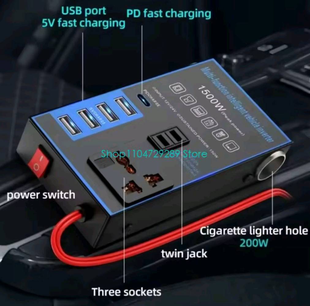 هذا الجهاز هو محول طاقة ذكي ومتعدد الوظائف للسيارة (Car Power Inverter) بقوة تصل إلى 1500 واط، ويقوم بتحويل طاقة بطارية السيارة (12 فولت أو 24 فولت) إلى كهرباء منزلية (220 فولت).💡 المميزات الرئيسيةتحويل الطاقة: يحول التيار المستمر إلى تيار متردد للاستخدام الخارجي.منافذ متعددة: مزود بمنافذ USB للشحن ومخرج كهرباء AC وقابس عالمي.فتحات ولاعة إضافية: يتيح تشغيل أجهزة متعددة مثل منفاخ الهواء أو المكنسة.                                              ✅ الاستخدامات الشائعة :-              التخييم والرحلات: تشغيل الأجهزة الصغيرة والإنارة أثناء السفر.الشحن السريع: شحن الهواتف والأجهزة اللوحية داخل السيارة.الطوارئ: توفير مصدر طاقة بديل عند الحاجة.