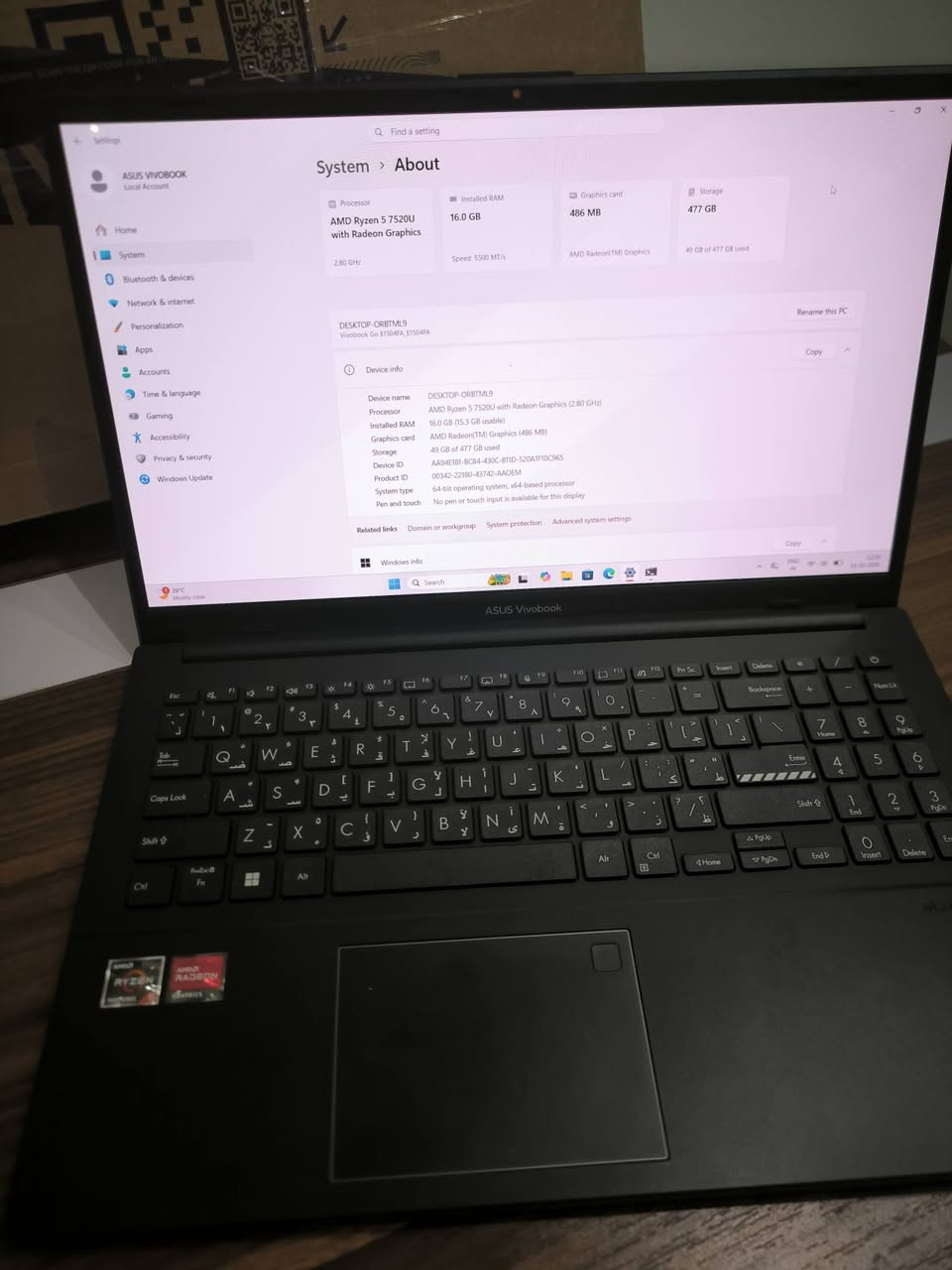 فيفو بوك ١٥ • Ryzen 5 7520U • ١٦ جيجا DDR5