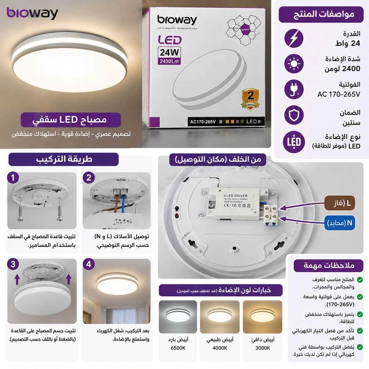 🚚 توصيل سريع لجميع المحافظات.
📥 للطلب أو الاستفسار: راسلنا على الخاص أو اتصل بنا على [***********].

#طاقة_شمسية #انارة_حدائق #كهربائيات #انارة_شمسية #توفير_الكهرباء #حدائق_منزلية #بساتين #ديكورات_حدائق #إنارة_خارجية #مستلزمات_كهربائية #طاقة_نظيفة #تجهيزات_حدائق #عراق_تطوير #كهرباء_بدون_سلك

نص مكتوب في الصور:
- bioway Life is beautiful because of you 2 YEARS WARRANTY مصباح LED سقفي دائري إضاءة عصرية بتصميم أنيق ضمان سنتين AC 170-265V 2400 لومن 24W موفر للطاقة مكونات المصباح (من الداخل) 1 الغطاء الخارجي بلاستيك عالي الجودة ينتشر الضوء بشكل متساو 2 لوحة LED توزيع مثالي للإضاءة بكفاءة عالية 3 الدرايفر (المحول) يثبت التيار الكهربائي ويحافظ على استقرار الإضاءة 4 القاعدة الخلفية مصنوعة من مادة متينة تضمن ثبات المصباح فتحة التوصيل الكهربائي الدرايفر المثبت داخل القاعدة تصميم أنيق ومتين المواصفات القدرة 24 واط شدة الإضاءة 2400 لومن الفولتية AC 170-265V الضمان سنتين نوع الإضاءة LED (موفر للطاقة) مميزات المنتج إضاءة قوية ومتجانسة. عمر افتراضي طويل. استهلاك كهرباء منخفض. تصميم عصري يناسب جميع الديكورات. سهل التركيب. خيارات ألوان الإضاءة أبيض بارد 6500K أبيض طبيعي 4000K أبيض دافئ 3000K bioway Life is beautiful because of you
- bioway Life is beautiful because of you إضاءة عصرية لمنزلك ضمان سنتين AC 170-265V 2400 لومن LED 24W موفر للطاقة جودة تضيء حياتك
- مصباح LED سقفي تصميم عصري - إضاءة قوية - استهلاك منخفض مواصفات المنتج القدرة 24 واط شدة الإضاءة 2400 لومن الفولتية AC 170-265V الضمان سنتين نوع الإضاءة LED (موفر للطاقة) طريقة التركيب 1 تثبيت قاعدة المصباح في السقف باستخدام المسامير. 2 توصيل الأسلاك (L و N) حسب الرسم التوضيحي. 3 تثبيت جسم المصباح على القاعدة (بالضغط أو باللف حسب التصميم). 4 بعد التركيب، شغل الكهرباء واستمتع بالإضاءة. من الخلف (مكان التوصل) L (فاز N (محايد) خيارات لون الإضاءة (قد تختلف حسب الموديل) أبيض بارد 6500K أبيض طبيعي 4000K أبيض دافئ 3000K ملاحظات مهمة المنتج مناسب للغرف والمجالس والممرات. يعمل على فولتية واسعة (170-265V). يتميز باستهلاك منخفض للطاقة. تأكد من فصل التيار الكهربائي قبل التركيب. يُفضل التركيب بواسطة فني كهربائي إذا لم تكن لديك خبرة.
- bioway Life is beautiful because of you إضاءة قوية وموفرة للطاقة Bioway LED 24W • 2400 لومن AC 170-265V 2400 لومن LED 24W ضمان سنتين bioway Life is beautiful because of you
