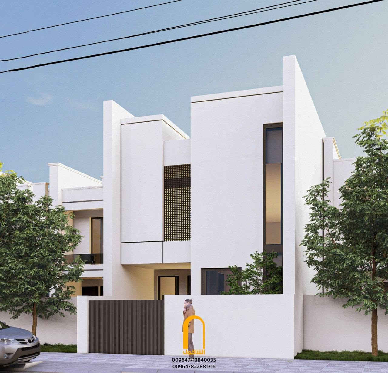 تصميم معماري لواجهة منزل سكني مودرن، يرتكز على قوة التجريد الهندسي وصراحة اللون الأبيض

كتل معمارية صلبة ومصمتة بنقاء لوني كامل، تعتمد على التباين الملمسي والعمق البصري بدل كثرة المواد والتفاصيل.

شريط مشربية شاقولي مدمج في قلب الواجهة مع نافذة رأسية نحيفة ممتدة، لتحقيق خصوصية متكاملة وإدخال الضوء الطبيعي بلمسة معمارية ذكية.

قوة العمارة الحقيقية تظهر في التجريد.. حين تتحدث الكتل الصريحة بلغة النقاء وتخلق فخامة هادئة تفرض حضورها

الشاقول للعمارة والبناء
بغداد - الكرادة / شارع 62

المهندس المعماري: علي عبد العالي | ***********
المهندس المدني: انور التوبي | ***********

نص مكتوب في الصور:
- الساقمون 009647713840035 009647822881316
- 009647713840035 009647822881316
- التناقول 009647713840035 009647822881316
