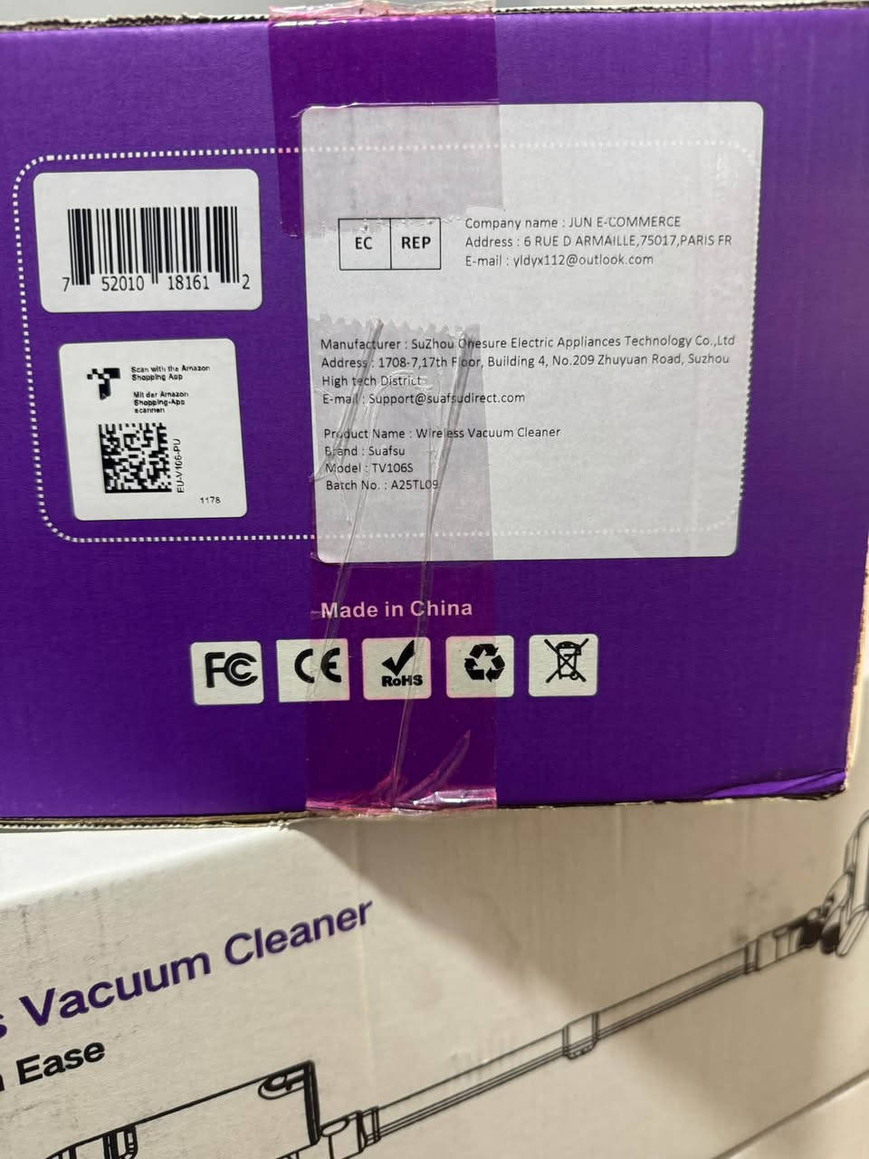 كميه موجوده جمله مفرد واساب ***********
نوع الجهاز: مكنسة كهربائية لاسلكية (Cordless Vacuum Cleaner).
 العلامة التجارية: Suafsu.
 رقم الموديل: TV106S.
 القوة الكهربائية (القدرة): 550 واط (550W).
 نوع البطارية: ليثيوم أيون (Lithium ion).
 سعة البطارية: 2600 مللي أمبير في الساعة (2600mAh).
 جهد الإدخال (الأنبوت): 22.2 فولت (DC 22.2V).
كرتون 4 قطعة جديد
