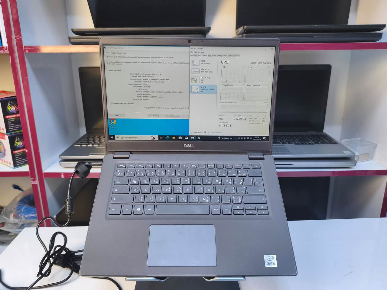 السلام عليكم لابتوب Dell  ليتيديو 3410
مواصفات راقية كللش السوك صاعد بس هاي سعر فول ومواصفات فول لكن بيهة بعض الاضرار البسيطة كللش بالكفر متاثر مواصفاتهة بالصور  رايدهة ب 265 الف بغداد الامين الثانية نواب الضباط قرب مركز شرطة الامين 
***********

نص مكتوب في الصور:
- DirectX Diagnostic Tool
- System Display Sound Input
- This tool reports detailed information about the DirectX components and drivers installed on your system.
- If you know which area is causing the problem, click the appropriate tab above. Otherwise, you can use the "Next Page" button below to go to each page in sequence.
- System Information
- Current Date/Time: 09 September 2026, 20:49:26
- Computer Name: DESKTOP-3S8IS61
- Operating System: Windows 10 Pro 64-bit (10.0, Build 19045)
- Language: English (Regional Setting: English)
- System Manufacturer: Dell Inc.
- System Model: Latitude 3410
- BIOS: 1.32.1
- Processor: Intel(R) Core(TM) i5-10210U CPU @ 1.60GHz (8 CPUs), ~2.1GHz
- Memory: 8192MB RAM
- Page file: 2488MB used, 7384MB available
- DirectX Version: DirectX 12
- Check for WHQL digital signatures
- Help
- Next Page
- Save All Information...
- DxDiag 10.00.19041.3636 64-bit Unicode Copyright © Microsoft. All right
- Task Manager
- File Options View
- Processes Performance App history Startup Users Details Services
- CPU
- 39% 2.52 GHz
- Memory
- 3.2/7.8 GB (41%)
- Disk 0 (C:)
- SSD
- 97%
- GPU 0
- Intel(R) UHD Graphics
- 0%
- GPU
- 3D
- Copy
- Video Decode
- Video Processing
- Shared GPU memory usage
- 3.9 GB
- Utilisation
- GPU Memory
- 0.1/3.9 GB
- Shared GPU memory
- Driver version:
- Driver date:
- DirectX version:
- Physical location:
- 31.0...
- 16/1...
- 12 (...
- PCI ...
- Fewer details
- Open Resource Monitor
- Type here to search
- أيام حارة قادمة
- 20:51
- 09/09/2026