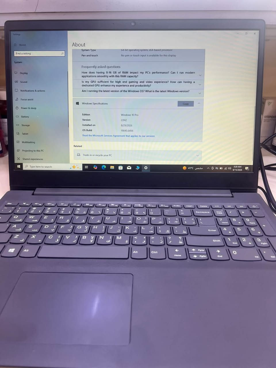 لابتوب للبيع جديده كلش حته ما مسخدميه بعده جيس
السعر 600او بيه مجال 
***********

نص مكتوب في الصور:
- Settings Home Find a setting System Display Sound Notifications & actions Focus assist Power & sleep Battery Storage Tablet Multitasking Projecting to this PC Shared experiences Type here to search About Installed RAM 8.00 GB Speed: 2667 MHz DESKTOP-1D4BNIC 82CS Device Specifications Device Name Processor Installed RAM Graphics Card Storage Device ID Product ID System Type Pen and touch Processor Intel(R) Core(TM) i7-1065G7 CPU @ 1.30GHz 1.50 GHz Graphics Card 128 MB Intel(R) Iris(R) Plus Graphics Storage 1.14 TB 39 GB of 1.14 TB used Rename this PC Copy DESKTOP-1D4BNIC Intel(R) Core(TM) i7-1065G7 CPU @ 1.30GHz 1.50 GHz 8.00 GB (7.80 GB usable) Intel(R) Iris(R) Plus Graphics (128 MB) 932 GB HDD TOSHIBA MQ04ABF100, 238 GB SSD KBG40ZNS256G NVMe KIOXIA 256GB 68E32C98-F655-4287-B222-AADE4B59FF08 00330-80000-00000-AA665 64-bit operating system, x64-based processor No pen or touch input is available for this display BitLocker settings Device Manager Remote desktop System protection Advanced system settings Rename this PC (advanced) Help from the web Finding out how many cores my processor has Checking multiple languages support Checking multiple languages support Get help Give feedback 3:19 AM مشمس 41°C 9/15/2026
- Settings Home Find a setting System Display Sound Notifications & actions Focus assist Power & sleep Battery Storage Tablet Multitasking Projecting to this PC Shared experiences Type here to search About Installed RAM 8.00 GB Speed: 2667 MHz DESKTOP-1D4BNIC 82C5 Processor Intel(R) Core(TM) i7-1065G7 CPU @ 1.30GHz 1.50 GHz Graphics Card 128 MB Intel(R) Iris(R) Plus Graphics Storage 1.4 TB 39 GB of 1.14 TB used Rename this PC Device Specifications Copy Device Name Processor Installed RAM Graphics Card Storage DESKTOP-1D4BNIC Intel(R) Core(TM) i7-1065G7 CPU @ 1.30GHz 1.50 GHz 8.00 GB (7.80 GB usable) Intel(R) Iris(R) Plus Graphics (128 MB) 932 GB HDD TOSHIBA MQ04ABF100, 238 GB SSD KBG40ZNS256G NVMe KIOXIA 256GB Device ID 68E32C98-F655-4287-B222-AADE4B59FF08 Product ID 00330-80000-00000-AA665 System Type Pen and touch 64-bit operating system, x64-based processor No pen or touch input is available for this display Frequently asked questions Device Manager Remote desktop System protection Advanced system settings Rename this PC (advanced) Help from the web Finding out how many cores my processor has Checking multiple Languages support Checking multiple Languages support Get help Give feedback 3:19 AM 9/15/2026 41°C مشمس