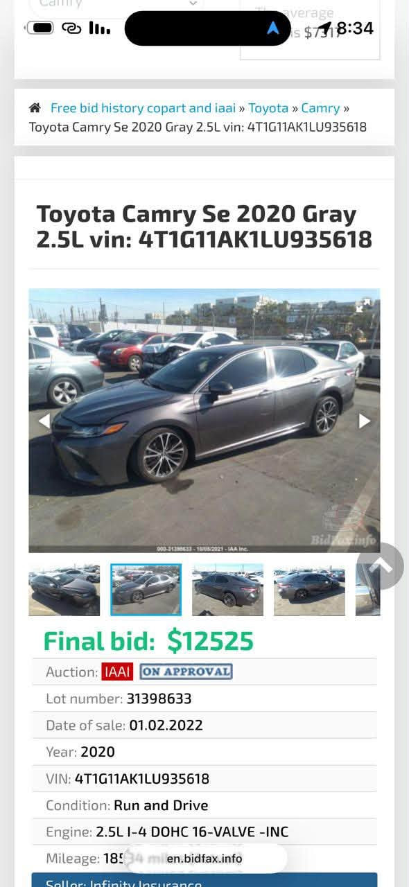 *🚗 للبيع تويوتا كامري SE موديل 2020 🚗*
بدون دواخل وبدون ايرباك بجم كبس 

*المواصفات:*
- *الموديل:* 2020 SE
- *الوارد:* أمريكي
- *الرقم:* اربيل -  بأسمي 
- *الحادث:* جانبي خفيف جدا
- *فتحة سلايد
- *الحالة:* جديدة من كلشي - كير - محرك - حدادية - تبريد ثلج - ما بيها أي نقص
- *دخول ذكي

صور الحادث بالمنشور

*السعر:* 165 ورقة وبيه مجال 💵
*مراوس:* أراوس بــ بي ام حديث فقط 

*للاستفسار:*
📞 ***********

نص مكتوب في الصور:
- Free bid history copart and iaai » Toyota » Camry » Toyota Camry Se 2020 Gray 2.5L vin: 4T1G11AK1LU935618
- Toyota Camry Se 2020 Gray 2.5L vin: 4T1G11AK1LU935618
- Final bid: $12525
- Auction: IAAI ON APPROVAL
- Lot number: 31398633
- Date of sale: 01.02.2022
- Year: 2020
- VIN: 4T1G11AK1LU935618
- Condition: Run and Drive
- Engine: 2.5L I-4 DOHC 16-VALVE -INC
- Mileage: 18594 milen.bidfax.info
- Seller: Infinity Insurance
- Free bid history copart and iaai » Toyota » Camry » Toyota Camry Se 2020 Gray 2.5L vin: 4T1G11AK1LU935618 Toyota Camry Se 2020 Gray 2.5L vin: 4T1G11AK1LU935618 Final bid: $12525 Auction: IAAI ON APPROVAL Lot number: 31398633 Date of sale: 01.02.2022 Year: 2020 VIN: 4T1G11AK1LU935618 Condition: Run and Drive Engine: 2.5L I-4 DOHC 16-VALVE -INC Mileage: 18534 milen.bidfax.info Seller: Infinity Insurance