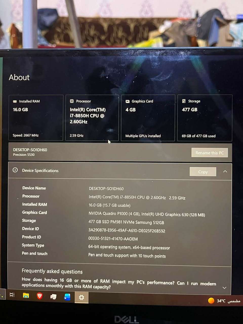 سلام عليكم 
لابتوب للبيع 
Dell precision 5530
الجهاز نظيف استعمال قليل
المواصفات 
شاشة لمس ونظام متفعل رسمي وباقي المواصفات بالصورة 
السعر 450
مكاني بغداد الحرية 
***********
