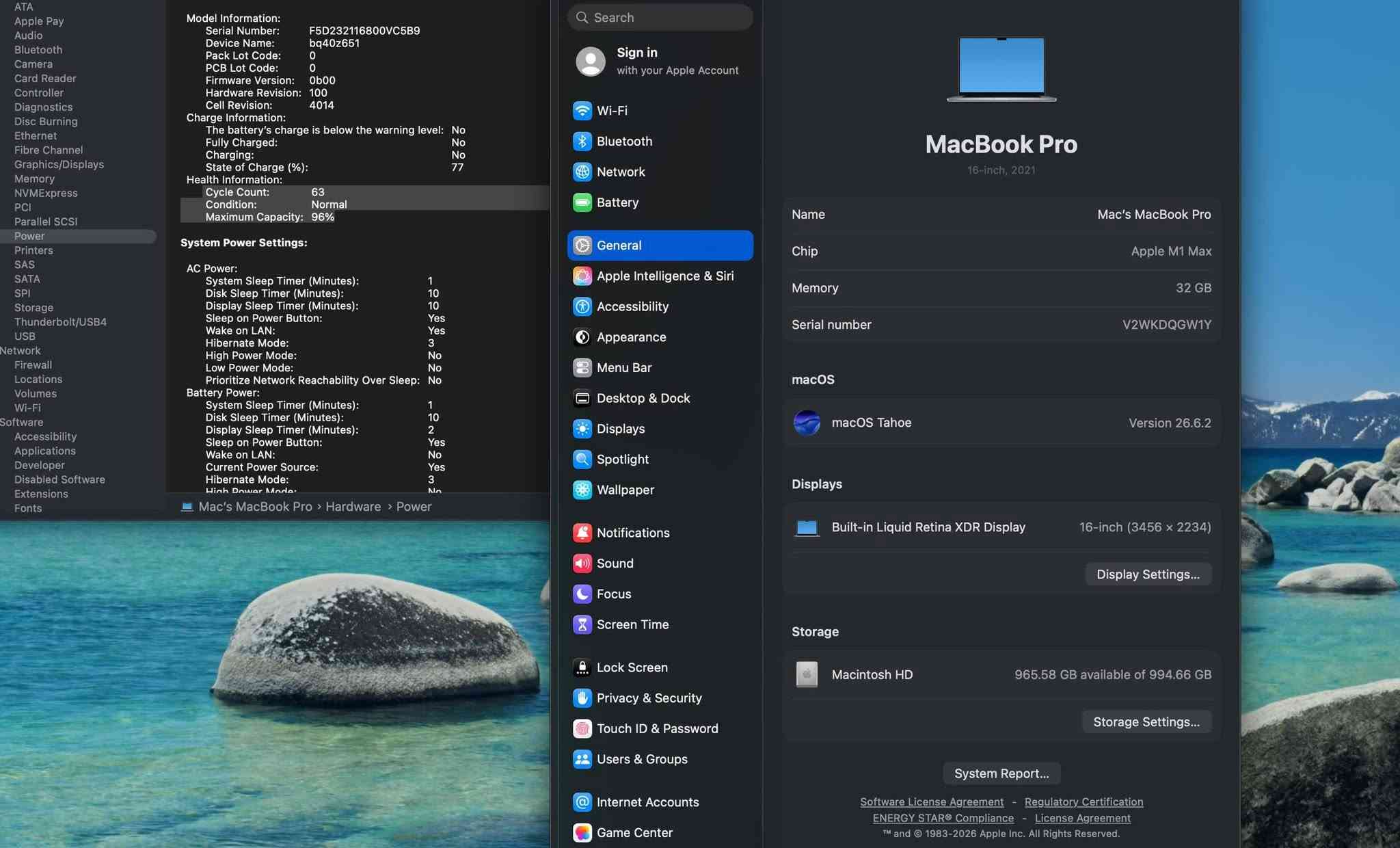 MacBook Pro 2021 16” M1 Max 
Ram 32 | SSD 1 TB

Battery 96 | Cycle 63 

السعر وباقي الماكات بالقناة 

https://t.me/macmastersiQ/1207

نص مكتوب في الصور:
- ATA Audio Bluetooth Camera Card Reader Controller Diagnostics Disc Burning Ethernet Fibre Channel Graphics/Displays Memory NVMeExpress PCI Parallel SCSI Power Printers SAS SATA SPI Storage Thunderbolt/USB4 USB Network Firewall Locations Volumes Wi-Fi Software Accessibility Applications Developer Disabled Software Extensions Fonts Mac's MacBook Pro > Hardware Model Name: MacBook Pro Model Identifier: MacBookPro18,2 Model Number: MK1A3LL/A Chip: Apple M1 Max Total Number of Cores: 10 (8 Performance and 2 Efficiency) Memory: 32 GB System Firmware Version: 18000.161.10 OS Loader Version: 18000.161.10 Serial Number (system): V2WKDQGW1Y Hardware UUID: A6D74FA9-AFC2-530C-9E50-D8A3A3DF729 Provisioning UDID: 00006001-001C41C21E03401E Activation Lock Status: Disabled Search Sign in with your Apple Account Wi-Fi Bluetooth Network Battery General Apple Intelligence & Siri Accessibility Appearance Menu Bar Desktop & Dock Displays Spotlight Wallpaper Notifications Sound Focus Screen Time Lock Screen Privacy & Security Touch ID & Password Users & Groups Internet Accounts Game Center MacBook Pro 16-inch, 2021 Name Mac's MacBook Pro Chip Apple M1 Max Memory 32 GB Serial number V2WKDQGW1Y macOS macOS Tahoe Version 26.6.2 Displays Built-in Liquid Retina XDR Display 16-inch (3456 x 2234) Display Settings... Storage Macintosh HD 965.58 GB available of 994.66 GB Storage Settings... System Report... Software License Agreement - Regulatory Certification ENERGY STAR® Compliance - License Agreement TM and (C) 1983-2026 Apple Inc. All Rights Reserved.
- ATA Apple Pay Audio Bluetooth Camera Card Reader Controller Diagnostics Disc Burning Ethernet Fibre Channel Graphics/Displays Memory NVMExpress PCI Parallel SCSI Power Printers SAS SATA SPI Storage Thunderbolt/USB4 USB Network Firewall Locations Volumes Wi-Fi Software Accessibility Applications Developer Disabled Software Extensions Fonts Model Information: Serial Number: F5D232116800VC5B9 Device Name: bq40z651 Pack Lot Code: 0 PCB Lot Code: 0 Firmware Version: 0b00 Hardware Revision: 100 Cell Revision: 4014 Charge Information: The battery's charge is below the warning level: No Fully Charged: No Charging: No State of Charge (%): 77 Health Information: Cycle Count: 63 Condition: Normal Maximum Capacity: 96% System Power Settings: AC Power: System Sleep Timer (Minutes): 1 Disk Sleep Timer (Minutes): 10 Display Sleep Timer (Minutes): 10 Sleep on Power Button: Yes Wake on LAN: Yes Hibernate Mode: 3 High Power Mode: No Low Power Mode: No Prioritize Network Reachability Over Sleep: No Battery Power: System Sleep Timer (Minutes): 1 Disk Sleep Timer (Minutes): 10 Display Sleep Timer (Minutes): 2 Sleep on Power Button: Yes Wake on LAN: No Current Power Source: Yes Hibernate Mode: 3 High Power Mode: No Mac's MacBook Pro > Hardware > Power Search Sign in with your Apple Account Wi-Fi Bluetooth Network Battery General Apple Intelligence Siri Accessibility Appearance Menu Bar Desktop & Dock Displays Spotlight Wallpaper Notifications Sound Focus Screen Time Lock Screen Privacy & Security Touch ID & Password Users & Groups Internet Accounts Game Center MacBook Pro 16-inch, 2021 Name Mac's MacBook Pro Chip Apple M1 Max Memory 32 GB Serial number V2WKDQGW1Y macOS macOS Tahoe Version 26.6.2 Displays Built-in Liquid Retina XDR Display 16-inch (3456 x 2234) Display Settings... Storage Macintosh HD 965.58 GB available of 994.66 GB Storage Settings... System Report... Software License Agreement Regulatory Certification ENERGY STAR Compliance License Agreement TM and © 1983-2026 Apple Inc. All Rights Reserved.
- ATA Audio Bluetooth Camera Card Reader Controller Diagnostics Disc Burning Ethernet Fibre Channel Graphics/Displays Memory NVMeExpress PCI Parallel SCSI Power Printers SAS SATA SPI Storage Thunderbolt/USB4 USB Network Firewall Locations Volumes Wi-Fi Software Accessibility Applications Developer Disabled Software Extensions Fonts Mac's MacBook Pro > Hardware > Graphics/Displays Chipset Model: Apple M1 Max Type: GPU Bus: Built-In Total Number of Cores: 32 Vendor: Apple (0x106b) Metal Support: Metal 4 Displays: Color LCD: Display Type: Built-in Liquid Retina XDR Display Resolution: 3456 x 2234 Retina Main Display: Yes Mirror: Off Online: Yes Automatically Adjust Brightness: Yes Connection Type: Internal Q Search Sign in with your Apple Account Wi-Fi Bluetooth Network Battery General Apple Intelligence & Siri Accessibility Appearance Menu Bar Desktop & Dock Displays Spotlight Wallpaper Notifications Sound Focus Screen Time Lock Screen Privacy & Security Touch ID & Password Users & Groups Internet Accounts Game Center MacBook Pro 16-inch, 2021 Name Mac's MacBook Pro Chip Apple M1 Max Memory 32 GB Serial number V2WKDQGW1Y macOS macOS Tahoe Version 26.6.2 Displays Built-in Liquid Retina XDR Display 16-inch (3456 x 2234) Display Settings... Storage Macintosh HD 965.58 GB available of 994.66 GB Storage Settings... System Report... Software License Agreement - Regulatory Certification ENERGY STAR Compliance - License Agreement TM and (c) 1983-2026 Apple Inc. All Rights Reserved.