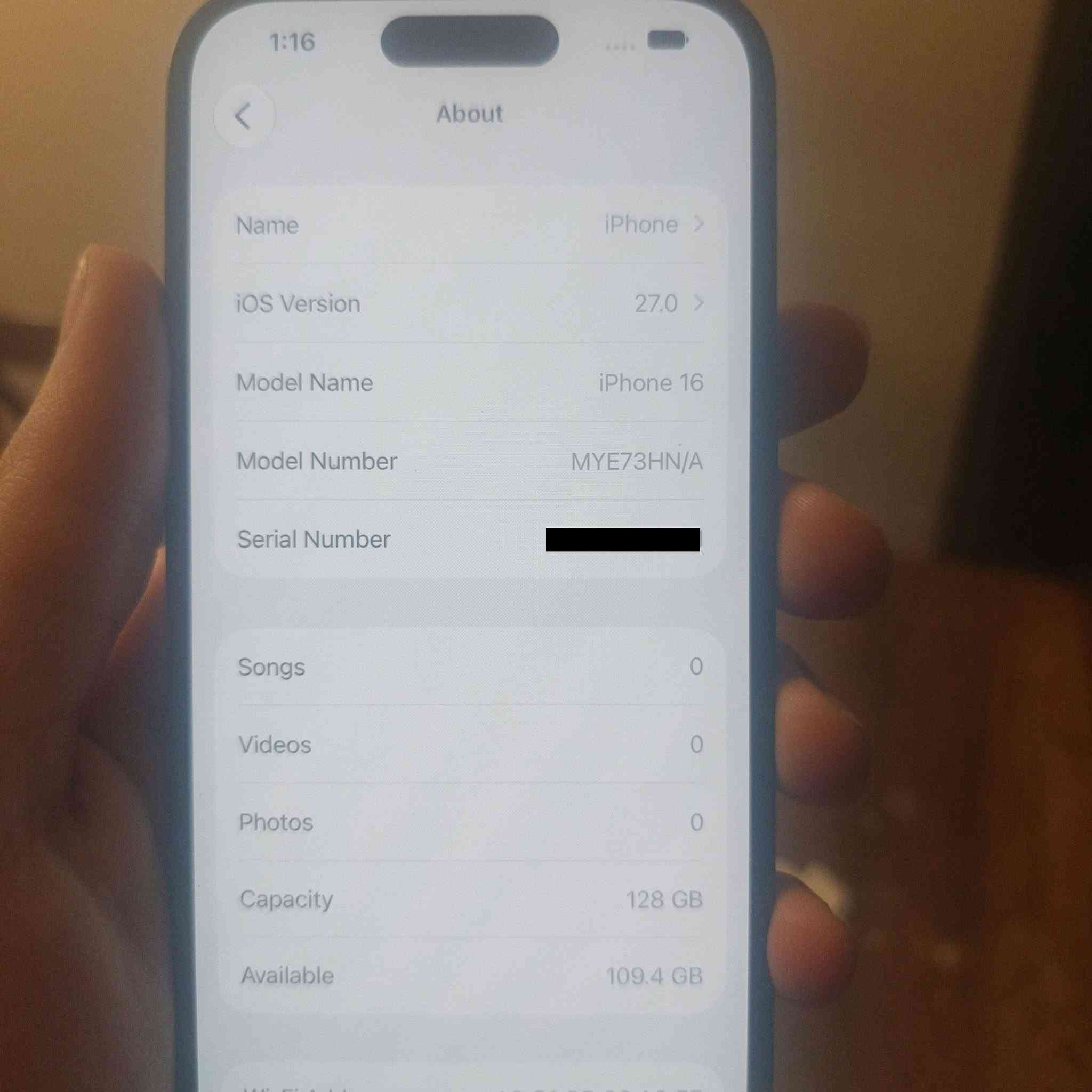 السلام عليكم iPhone 16 128gb هندي مستعمل  البطارية 100% مشحون 67 مرة يجي ويه الصندوك و كيبل الشحن و الكفر  السعر 950 الف دينار المكان بغداد اليرموك رقم التلفون ***********

نص مكتوب في الصور:
- 1:16 Battery Health Battery Health Normal This iPhone battery is performing as expected. About Battery & Warranty... Maximum Capacity 100% This is a measure of battery capacity relative to when it was new. Lower capacity may result in fewer hours of usage between charges. Cycle Count 67 This is the number of times iPhone has used your battery's capacity. Learn more... Manufacture Date August 2025 First Use February 2026
- 1:16
- About
- Name
- iPhone >
- iOS Version
- 27.0 >
- Model Name
- iPhone 16
- Model Number
- MYE73HN/A
- Serial Number
- Songs
- 0
- Videos
- Photos
- Capacity
- 128 GB
- Available
- 109.4 GB