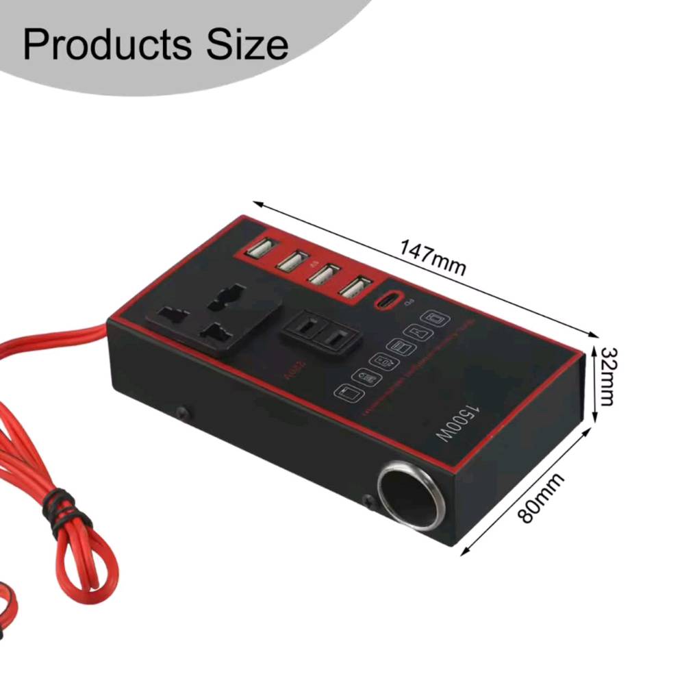 هذا الجهاز هو محول طاقة ذكي ومتعدد الوظائف للسيارة (Car Power Inverter) بقوة تصل إلى 1500 واط، ويقوم بتحويل طاقة بطارية السيارة (12 فولت أو 24 فولت) إلى كهرباء منزلية (220 فولت).💡 المميزات الرئيسيةتحويل الطاقة: يحول التيار المستمر إلى تيار متردد للاستخدام الخارجي.منافذ متعددة: مزود بمنافذ USB للشحن ومخرج كهرباء AC وقابس عالمي.فتحات ولاعة إضافية: يتيح تشغيل أجهزة متعددة مثل منفاخ الهواء أو المكنسة.                                              ✅ الاستخدامات الشائعة :-              التخييم والرحلات: تشغيل الأجهزة الصغيرة والإنارة أثناء السفر.الشحن السريع: شحن الهواتف والأجهزة اللوحية داخل السيارة.الطوارئ: توفير مصدر طاقة بديل عند الحاجة.