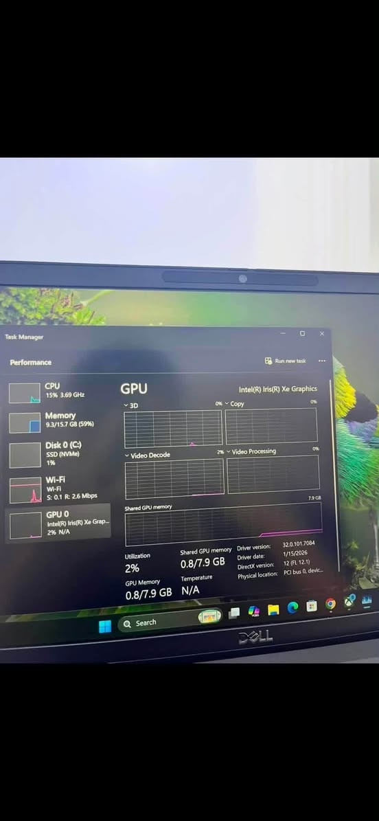 لابتوب
سلام عليكم
لابتوب
سوبر سليم
لابتوب لايتيد 7420
يجي بمعالج كور اي 7 الجيل 11
رام 2*8 ddr4 تردد 4200 شي عملاق مجموع رام ١٦
يجي كرت شاشه داخلي 8 جيجا فيرام
يجي بتخزين حديث نص تيرا 512 ssd سريع
يجي حجم شاشه 13.3 انش
تجي وزن خفيف تقريبا كيلو او اقل او اكثر بشويه
شاحن اصلي تايبسي 65 واط
مع حقيبه مع ماوس 
ضمان تشغيل بطاريه ساعه الى ساعه ونص 

للتواصل رقمي ***********

سعر 420 الف 
بصمه اصبع 
فيس ايدي
لمس
كاميره

نص مكتوب في الصور:
- Disk 0 (C:) MTFDKBA512TFH-1BC1AABHA Active time 100% 60 seconds Percentage of time the disk is processing read or write requests 0 Disk transfer rate 10 MB/s 7 MB/s 60 seconds 0 Active time 0% Average response time 0 ms Capacity: 477 GB Formatted: 477 GB System disk: Yes Read speed 0 KB/s Write speed 0 KB/s Page file: Yes Type: SSD (NVMe) Search DELL
- CPU 14% 4.02 GHz Memory 9.3/15.7 GB (59%) Disk 0 (C:) SSD (NVMe) 0% Wi-Fi Wi-Fi S: 16.0 R: 864 Kbps GPU 0 Intel(R) Iris(R) Xe Grap... 2% N/A CPU CPU 11th Gen Intel(R) Core(TM) i7-1185G7 @ 3.00GHz % Utilization 100% 60 seconds Utilization 14% Speed 4.02 GHz Base speed: 1.80 GHz Sockets: 1 Cores: 4 Processes 266 Threads 4207 Handles 136946 Logical processors: 8 Virtualization: Enabled L1 cache: 320 KB Up time 0:00:41:47 L2 cache: 5.0 MB L3 cache: 12.0 MB Q Search
- Task Manager Performance Run new task CPU 15% 3.69 GHz Memory 9.3/15.7 GB (59%) Disk 0 (C:) SSD (NVMe) 1% Wi-Fi Wi-Fi S: 0.1 R: 2.6 Mbps GPU 0 Intel(R) Iris(R) Xe Grap... 2% N/A GPU Intel(R) Iris(R) Xe Graphics 3D 0% Copy 0% Video Decode 2% Video Processing 0% 7.9 GB Shared GPU memory Utilization 2% GPU Memory 0.8/7.9 GB Shared GPU memory 0.8/7.9 GB Driver version: Driver date: DirectX version: Physical location: Temperature N/A 32.0.101.7084 1/15/2026 12 (FL 12.1) PCI bus 0, devic... Search DELL
- Memory
- Run new task
- 16.0 GB LPDDR4
- 15.7 GB
- Memory usage
- 60 seconds
- 0
- Memory composition
- In use (Compressed)
- 5.7 GB (0 MB)
- Available
- 10.1 GB
- Speed:
- Slots used:
- Form factor:
- Hardware reserved:
- 4267 MT/s
- 8 of 8
- Row of chips
- 278 MB
- Committed
- 5.3/18.6 GB
- Cached
- 3.4 GB
- Paged pool
- 250 MB
- Non-paged pool
- 312 MB
- Search