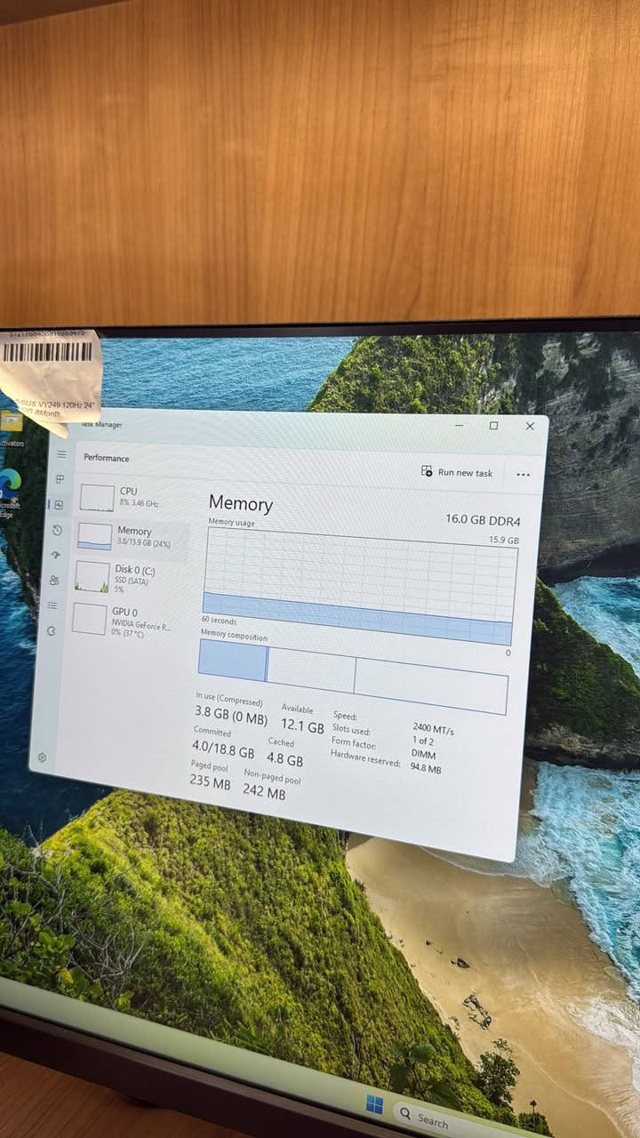 RTX 3070 TI كرت شاشة 
CORE I5 10400F معالج
RAM 16GB RGB الرامات
PSU 650 WATT البورسبلاي
256 SSD التخزين
500 HDD التخزين 
مليون و200 الف ومجال
واتساب:***********
الموقع دهوك و يوجد توصيل دهوك, العراق

نص مكتوب في الصور:
- Task Manager
- Performance
- Run new task
- CPU
- 8% 3.46 GHz
- Memory
- 3.8/15.9 GB (24%)
- Disk 0 (C:)
- SSD (SATA)
- 5%
- GPU 0
- NVIDIA GeForce R...
- 0% (37 °C)
- Memory usage
- 16.0 GB DDR4
- 15.9 GB
- 60 seconds
- Memory composition
- 0
- In use (Compressed)
- 3.8 GB (0 MB)
- Committed
- 4.0/18.8 GB
- Paged pool
- 235 MB
- Available
- 12.1 GB
- Cached
- 4.8 GB
- Non-paged pool
- 242 MB
- Speed:
- Slots used:
- Form factor:
- Hardware reserved:
- 2400 MT/s
- 1 of 2
- DIMM
- 94.8 MB
- Search
- ASUS VY249 120Hz 24" 8 Month Task Manager Performance Run new task CPU 2% 0.92 GHz Memory 3.6/15.9 GB (23%) Disk 0 (C:) SSD (SATA) 2% GPU 0 NVIDIA GeForce R... 0% (35 °C) GPU NVIDIA GeForce RTX 3070 Ti 3D 0% Copy 0% Video Encode 0% Video Decode 0% Dedicated GPU memory 8.0 GB Shared GPU memory 8.0 GB Utilization 0% Dedicated GPU memory 0/7.9 GB Driver version: Driver date: 3... Search