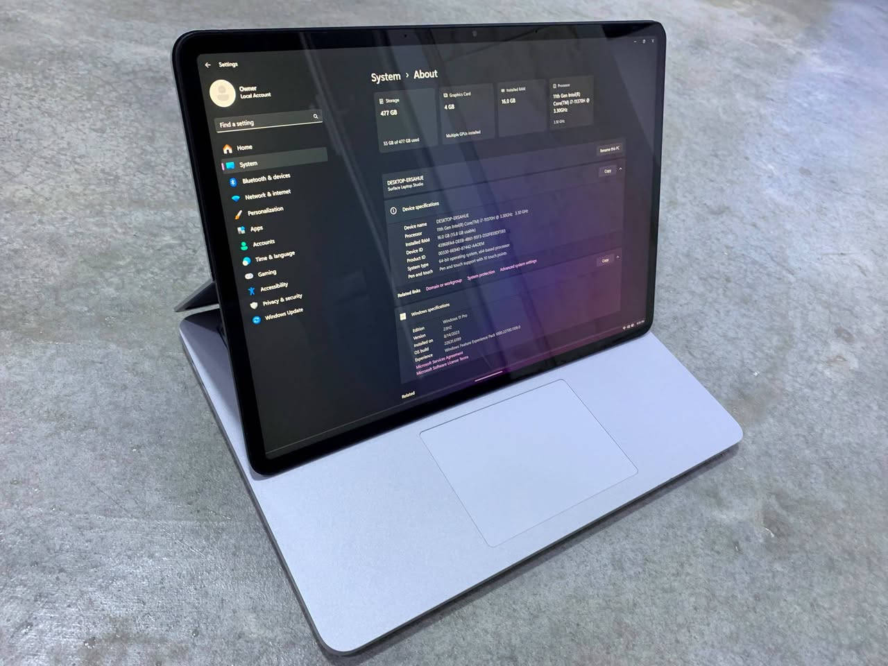 Microsoft Surface Studio RTX3050 TI 4GB
لابتۆپ بۆ فڕۆشتن 💻

پڕۆسێسەر: Intel Core i7-11370H (نەوەی 11)

ڕام: 16GB

هارد: 512GB SSD

کارتی گرافیک: RTX 3050 Ti 4GB

شاشە: 14.4 دیجیتاڵ تاچ 120Hz لەمس

تەندروستی پاتری: %78.7

دۆخی ئامێر: زۆر پاکە، تەنها شوێنی ڕەبری لایەنی هەیە (لە وێنەدا دیارە).

باشە بۆ: بەرنامەکانی ئەندازیاری، دیزاین، مۆنتاژ و یاری.

📍 شوێن: کەلار 📞 پەیوەندی: *********** 💰 نرخ: 630$

نص مكتوب في الصور:
- System > About Storage 477 GB 55 GB of 477 GB used Graphics Card 4 GB Multiple GPUs installed Installed RAM 16.0 GB Processor 11th Gen Intel(R) Core(TM) i7-11370H @ 3.30GHz 3.30 GHz Rename this PC DESKTOP-ERSAHUE Surface Laptop Studio Copy Device specifications Device name DESKTOP-ERSAHUE Processor 11th Gen Intel(R) Core(TM) i7-11370H @ 3.30GHz 3.30 GHz Installed RAM 16.0 GB (15.8 GB usable) Device ID 43968FA4-DEEB-4B61-95F3-D50F859DF593 Product ID 00330-66940-87442-AAOEM System type 64-bit operating system, x64-based processor Pen and touch Pen and touch support with 10 touch points Copy Related links Domain or workgroup System protection Advanced system settings Windows specifications Edition Windows 11 Pro Version 23H2 Installed on 8/14/2023 OS build 22631.6199 Experience Windows Feature Experience Pack 1000.22700.1108.0
- Battery report
- COMPUTER NAME	DESKTOP-ERSAHUE
- SYSTEM PRODUCT NAME	Microsoft Corporation Surface Laptop Studio
- BIOS	23.101.143 08/14/2023
- OS BUILD	22621.1.amd64fre.ni_release.220506-1250
- PLATFORM ROLE	Mobile
- CONNECTED STANDBY	Supported
- REPORT TIME	2026-09-11 11:05:00
- Installed batteries
- Information about each currently installed battery
- BATTERY 1
- NAME	SurfaceBattery
- MANUFACTURER	SMP
- SERIAL NUMBER	0029064209
- CHEMISTRY	LION
- DESIGN CAPACITY	56,310 mWh
- FULL CHARGE CAPACITY	44,360 mWh
- CYCLE COUNT	556