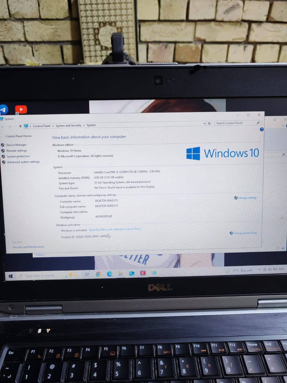 لابتوب دل للبيع سعره 80 يحتاجله بطاريه فقط وحاليا يشغل ع كهرباء عنوان شعب نهايه حي أور رقم الهاتف

نص مكتوب في الصور:
- Control Panel System and Security System Control Panel Search Control Panel Control Panel Home View basic information about your computer Windows edition Windows 10 Home Windows 10 Microsoft Corporation. All rights reserved. System Processor: Intel(R) Core(TM) i5-3320M CPU @ 2.60GHz 2.60 GHz Installed memory (RAM): 4.00 GB (3.41 GB usable) System type: 32-bit Operating System, x64-based processor Pen and Touch: No Pen or Touch Input is available for this Display Computer name, domain and workgroup settings Change settings Computer name: DESKTOP-B5KEV7S Full computer name: DESKTOP-B5KEV7S Computer description: Workgroup: WORKGROUP Windows activation Windows is activated Read the Microsoft Software Licence Terms Change product key Product ID: 00326-30000-00001-AA922 See also Security and Maintenance 9 items عالم حريتا C 31°C ENG Type here to search