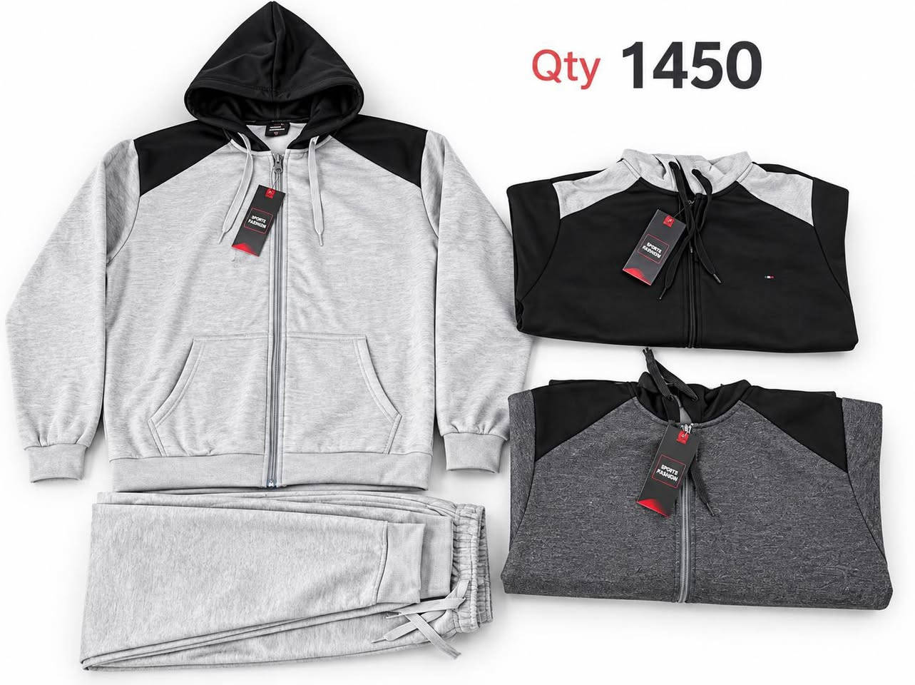تراك سحاب زيتي مبطن صوف 
شد 24 قطعة ملون
سعر الشد  250  واصل
L—3xl

نص مكتوب في الصور:
- Qty 2100pcs
- Qty 1450
- M-003 SPORTSWEAR COMFORT BREATHABLE HIGH QUALITY M L XL 2XL 3XL ياقة مريحة سحاب عالي الجودة جيوب عملية خصر مطاطي قماش ناعم ومريح