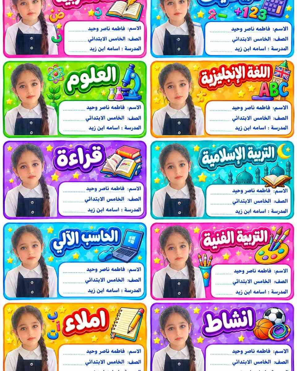 ستيكرات اسماء لاصقة لدفاتر ولكتب بصور اطفالكم 

أجهزة_ صيانة_ خطوط_اكسسوارات_اقساط حاملي ماستر كارد مصرف الرافدين-الرشيد-الاهلي العراقي _قرطاسية _استنساخ _اشتراك نجوم الرابعة _ شحن كافة الألعاب 
كل ماتحتاجه….في مكان واحد 
#جميع_أجهزة_وكالة_ضمان_سنة 
اسعارنا تنافسية بسعر وكالة
نقطة بيع معتمدة #لشركة_زين_العراق 
نقطة بيع معتمدة #لشركه_أسياسيل 
للطلب التواصل على الخاص 📩
او واتساب ***********
📲📲📲📲📲📲
📍التاجي /الحي الحسن العسكري {اكتب في الويز مكتب بوشنكي للموبايل}

نص مكتوب في الصور:
- الاسم: فاطمه ناصر وحيد
- الصف: الخامس الابتدائي
- المدرسة : اسامه ابن زيد
- الاسم: انوار مرتضى حسن
- الصف: الثالث الابتدائي
- المدرسة: المختار