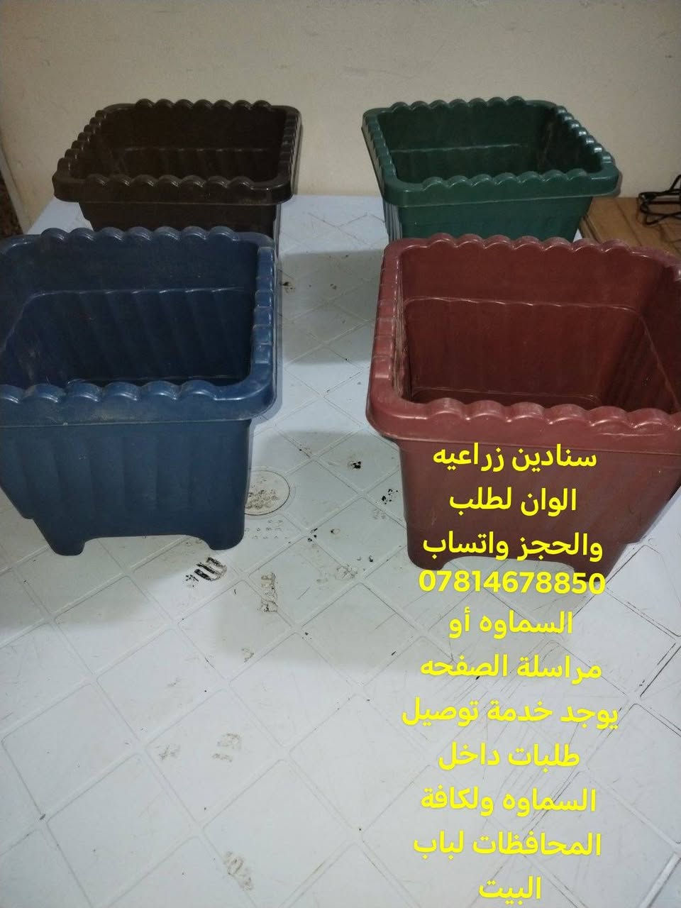 متاح لدينا سنادين زراعيه بلاستيك
سنادين مستطيله حجم كبير  لون اسود
سنادين مربعه ٤ اللوان
سنادين دائريه تعليك لون ابيض
سنادين مستطيله الوان  حجم صغير
لطلب والحجز واتساب *********** السماوه أو مراسلة الصفحه يوجد خدمة توصيل طلبات داخل السماوه ولكافة المحافظات لباب البيت أنواع البذور الاستوائية النادره

نص مكتوب في الصور:
- سنادين زراعيه
- الوان لطلب
- والحجز واتساب
- ***********
- السماوه أو
- مراسلة الصفحه
- يوجد خدمة توصيل
- طلبات داخل
- السماوه ولكافة
- المحافظات لباب
- البيت
