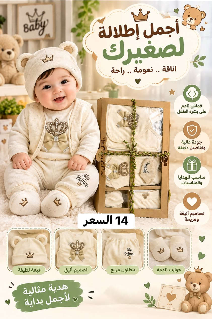 سنتر مَاشا ودب(***********) - النهروان شارع المستشفى مقابل مطعم تويتر 2

نص مكتوب في الصور:
- chicco Design & Best Quality SAWA BABY No.1 ORIGINAL For Baby & Kids أجمل إطلالة لصغيرك راحة ... نعومة ... جودة خامة قطنية ناعمة مريح على البشرة جودة عالية مناسب للهدايا طقم متكامل (روب + بنطلون + قبعة + نعال) 15السعر قبعة ناعمة روب أنيق بنطلون مريح نعال ناعم راحة طفلك تبدأ من هنا chicco
- أجمل إطلالة لصغيرك أناقة .. نعومة .. راحة قماش ناعم على بشرة الطفل جودة عالية وتفاصيل دقيقة مناسب للهدايا والمناسبات تصاميم أنيقة ومريحة 14 السعر قبعة لطيفة تصميم أنيق بنطلون مريح جوارب ناعمة هدية مثالية لأجمل بداية
- أجمل إطلالة لصغيرك ناعم .. مريح .. عملي قماش ناعم على بشرة الطفل جودة عالية وتفاصيل دقيقة مريح في الحركة تصميم أنيق وجذاب مناسب من عمر 0 - 12 شهر تطريز ناعم ومميز السعر 7 راحة وأناقة في كل تفصيلة خفيف الوزن سهل الارتداء سهل الغسل يدوم لفترة أطول CLEMENS راحة وأناقة لطفلك Sweet Baby
- Baby Biss Baby & Kids Fashion أجمل إطلالة لصغيرك أناقة .. راحة .. جودة راحة ودوقم لأجمل لحظاتك ربطة عنق أنيقة قميص مع فيست قماش مريح بنطلون مريح السعر 10 Little Gentleman متوفر بمقاسات مختلفة الإطلالة أنيقة في كل مناسبة قماش ناعم على بشرة الطفل جودة عالية وتفاصيل دقيقة مناسب للمناسبات والأعياد تصاميم أنيقة وعصرية
- chioco نعومة لا مثيل لها لأميرك الصغير طقم ملابس حديثي الولادة من Chioco: من 16 قطعة من الراحة والأناقة! خامات قطنية %100 فائقة النعومة تصميم عملي لسهولة الارتداء تصميم عملي آمن تماماً على بشرة الطفل الحساسة السعر 13 اطلبه الآن! [متجر عالم الطفل] [123-456-7890] [chioco.com]