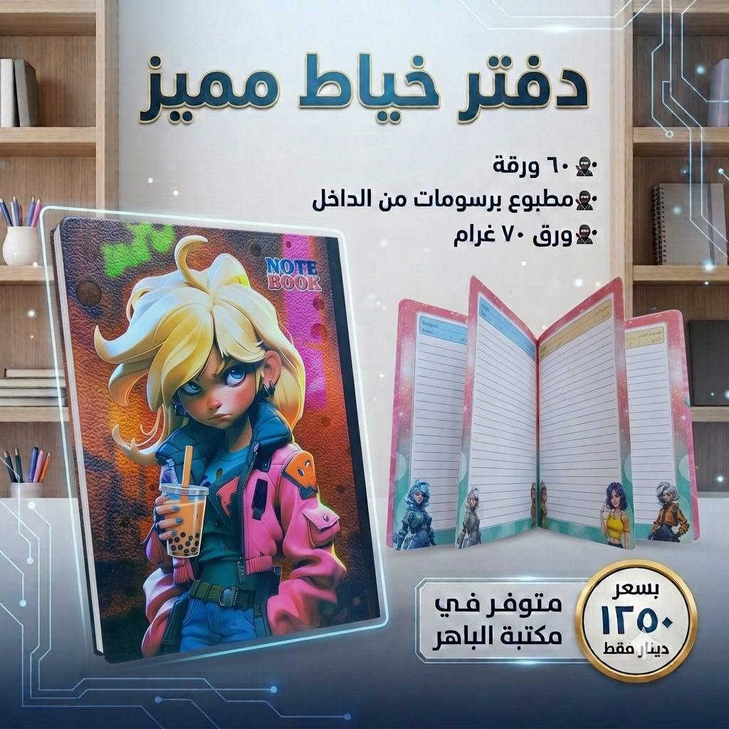 📚✨ دفتر خياط برسومات مميزة ✨📚
دفتر عملي وأنيق، مناسب للطلاب والاستخدام اليومي 💯
📝 ٦٠ ورقة
🎨 رسومات مطبوعة في الداخل
📄 ورق ٧٠ غرام
💰 السعر ١٢٥٠ دينار فقط
🔥 متوفر الآن في مكتبة الباهر
📍 العنوان: عنه – نهاية شارع الحضرة – قرب جامع النور
📲 للطلب والاستفسار:
***********
***********
🚚 التوصيل متوفر:
داخل قضاء عنه ١٠٠٠ دينار فقط
جميع المحافظات ٥٠٠٠ دينار فقط
