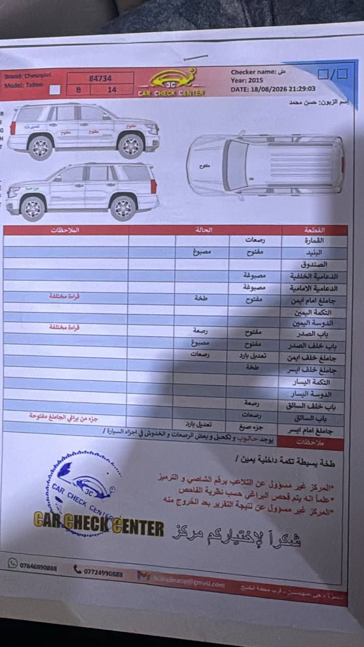 تاهو مديل ٢٠١٥ وارد امريكي للبيع فحصها مو جود داخل المنشور. للستفسار اتصل ***********
