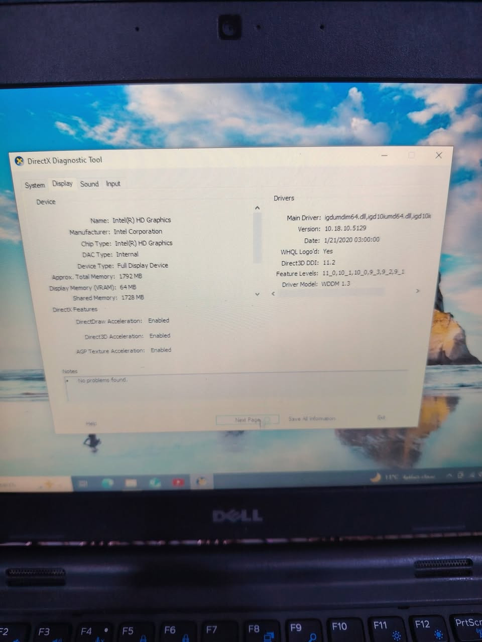 متاح للبيع ديل 3150
***********

نص مكتوب في الصور:
- DirectX Diagnostic Tool
- System Display Sound Input
- This tool reports detailed information about the DirectX components and drivers installed on your system.
- If you know what area is causing the problem, click the appropriate tab above. Otherwise, you can use the "Next Page" button below to visit each page in sequence.
- System Information
- Current Date/Time: Wednesday, February 4, 2026, 5:20:37 PM
- Computer Name: DESKTOP-NG4O8IF
- Operating System: Windows 10 Pro 64-bit (10.0, Build 19045)
- Language: English (Regional Setting: English)
- System Manufacturer: Dell Inc.
- System Model: Latitude 3150
- BIOS: A05
- Processor: Intel(R) Pentium(R) CPU N3540 @ 2.16GHz (4 CPUs), ~2.2GHz
- Memory: 4096MB RAM
- Page file: 1858MB used, 2828MB available
- DirectX Version: DirectX 12
- Check for WHQL digital signatures
- DxDiag 10.00.19041.5794 64-bit Unicode Copyright © Microsoft. All rights reserved.
- Help
- Next Page
- Save All Information
- Exit
- DirectX Diagnostic Tool System Display Sound Input Device Name: Intel(R) HD Graphics Manufacturer: Intel Corporation Chip Type: Intel(R) HD Graphics DAC Type: Internal Device Type: Full Display Device Approx. Total Memory: 1792 MB Display Memory (VRAM): 64 MB Shared Memory: 1728 MB DirectX Features DirectDraw Acceleration: Enabled Direct3D Acceleration: Enabled AGP Texture Acceleration: Enabled Notes No problems found. Drivers Main Driver: igdumdim64.dll,igd10iumd64.dll,igd10i Version: 10.18.10.5129 Date: 1/21/2020 03:00:00 WHQL Logo'd: Yes Direct3D DDI: 11.2 Feature Levels: 11_0,10_1,10_0,9_3,9_2,9_1 Driver Model: WDDM 1.3
- Device
- Drivers
- Name: Speakers / Headphones (Realtek High Definition Audio)
- Hardware ID: HDAUDIO\FUNC_01&VEN_10EC&DEV_0255&SUBSYS_1028
- Manufacturer ID: N/A
- Product ID: N/A
- Type: N/A
- Default Device: Yes
- Name: RTDVHD64.sys
- Version: 6.0.1.6095 (English)
- Date: 11/27/2015 03:00:00
- WHQL Logo'd: Yes
- Other Files:
- Provider: Realtek Semiconductor Corp.
- Notes
- No problems found.