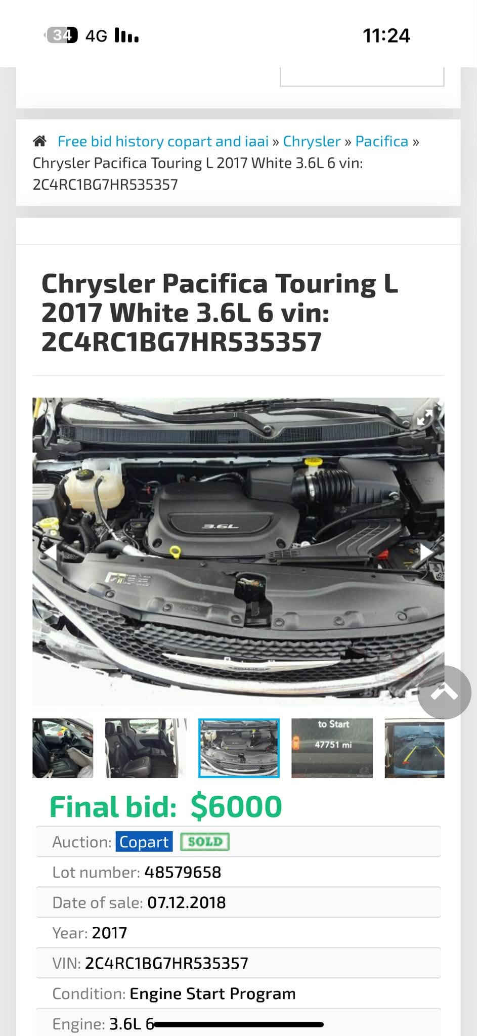 كلايسلر باسفيكا موديل 2017 
قطعتين صبغ فقط 
تبريد ثلج 
تخم تاير 
7 راكب بلع كشنات 
تفاصيل داخل الفديو 
***********

نص مكتوب في الصور:
- Free bid history copart and iaai » Chrysler » Pacifica »
- Chrysler Pacifica Touring L 2017 White 3.6L 6 vin:
- 2C4RC1BG7HR535357
- Chrysler Pacifica Touring L
- 2017 White 3.6L 6 vin:
- Final bid: $6000
- Auction: Copart SOLD
- Lot number: 48579658
- Date of sale: 07.12.2018
- Year: 2017
- VIN: 2C4RC1BG7HR535357
- Condition: Engine Start Program
- Engine: 3.6L 6
- Free bid history copart and iaai » Chrysler » Pacifica » Chrysler Pacifica Touring L 2017 White 3.6L 6 vin: 2C4RC1BG7HR535357 Chrysler Pacifica Touring L 2017 White 3.6L 6 vin: 2C4RC1BG7HR535357 Final bid: $6000 Auction: Copart SOLD Lot number: 48579658 Date of sale: 07.12.2018 Year: 2017 VIN: 2C4RC1BG7HR535357 Condition: Engine Start Program Engine: 3.6L 6
- Free bid history copart and iaai » Chrysler » Pacifica » Chrysler Pacifica Touring L 2017 White 3.6L 6 vin: 2C4RC1BG7HR535357 Chrysler Pacifica Touring L 2017 White 3.6L 6 vin: 2C4RC1BG7HR535357 BidFax.inf Final bid: $6000 Auction: Copart SOLD Lot number: 48579658 Date of sale: 07.12.2018 Year: 2017 VIN: 2C4RC1BG7HR535357 Condition: Engine Start Program Engine: 3.6L 6
- Free bid history copart and iaai » Chrysler » Pacifica » Chrysler Pacifica Touring L 2017 White 3.6L 6 vin: 2C4RC1BG7HR535357 Chrysler Pacifica Touring L 2017 White 3.6L 6 vin: 2C4RC1BG7HR535357 to Start 47751 mi Final bid: $6000 Auction: Copart SOLD Lot number: 48579658 Date of sale: 07.12.2018 Year: 2017 VIN: 2C4RC1BG7HR535357 Condition: Engine Start Program Engine: 3.6L 6