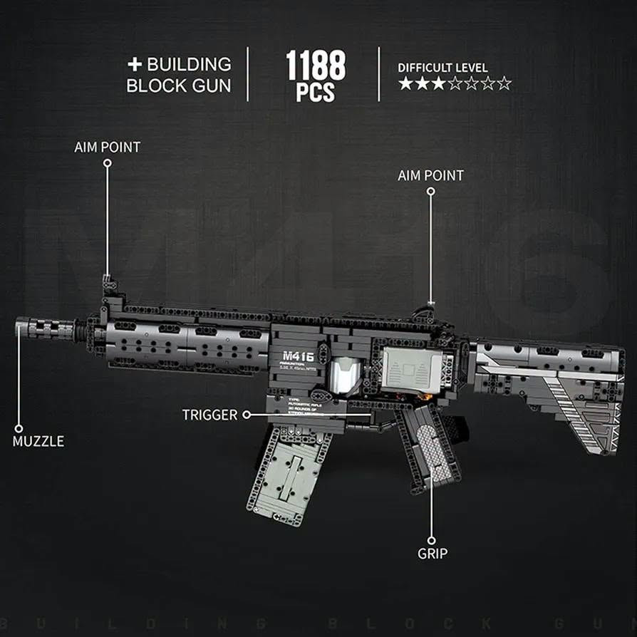 مكعبات "بندقية هجومية M416" من شركة Reobrix برقم الموديل 77004.معلومات أساسيةالعلامة التجارية: ريوبريكس (Reobrix)رقم الموديل: 77004عدد القطع: 1101 قطعة بناء صغيرة
المواصفات والمميزاتالتصميم: يحاكي شكل البندقية الهجومية الشهيرة M416 بدقة.الأبعاد التقريبية: حوالي 56 إلى 67.5 سم طولاً و7 سم عرضاً.الوظائف: يضم مخزناً قابلاً للإزالة ومصمماً من بلاستيك عالي الجودة متوافق مع مكعبات التركيب الشهيرة.
متوفرة لدينا للبيع يوجد توصيل لجميع المحافظات واتساب ***********

نص مكتوب في الصور:
- Reobrix NO.77004 30CM 7CM 67.5CM
- + BUILDING BLOCK GUN 1188 PCS DIFFICULT LEVEL ★★★☆☆☆☆ AIM POINT AIM POINT M416 MUZZLE TRIGGER GRIP M416 BUILDING BLOCK GUN
- PROPORTIONAL MANUFACTURING THE FUN OF ASSEMBLING SIMULATION MODELING DEPTH RESTORATION BUILDING BLOCK GUN
- M416 BUILDING BLOCK GUN
- 3 ADJUST BUTT PRESS AND HOLD THE BUCKLE TO ADJUST THE LENGTH OF THE BUTT ACCORDING TO THE POSTURE OF THE GUN 4 BULLET LAUNCH THE SHOOTING INTENSITY IS MODERATE (NO SHOOTING AT PEOPLE)