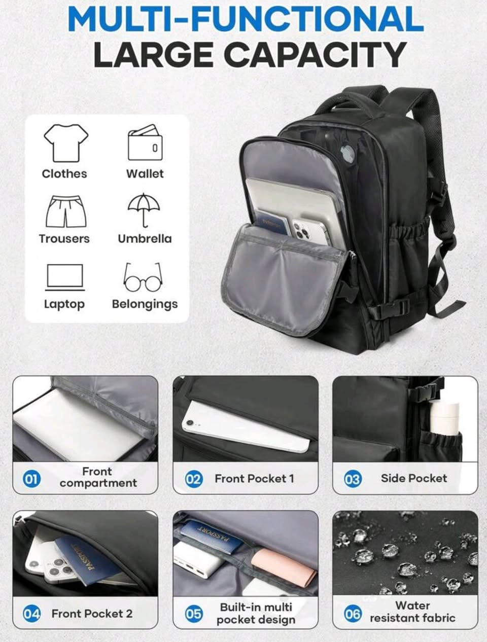 جنطة متعددة الاستخدامات 20 الف واصل على اول تم

نص مكتوب في الصور:
- SIZE DISPLAY Holds 3-5 pieces of clothing 42cm/16.54" 29cm/11.42" 15cm/5.9" 15.6 INCHES TABLET PC Built-in "Vacuum Compression System" Save more space ??? ??? Worried about too much luggage Before Compression After Compressing Note: Only fluffy clothes have a compression effect and the vacuum effect cannot be maintained all the time.
- SPACE SAVER VACUUM BACKPACK 42*29*15cm
- MULTI-FUNCTIONAL LARGE CAPACITY Clothes Wallet Trousers Umbrella Laptop Belongings 01 Front compartment 02 Front Pocket 1 03 Side Pocket 04 Front Pocket 2 05 Built-in multi pocket design 06 Water resistant fabric
- TRAVEL BACKPACK 1/22 تبدأ من 37.03 $
- VACUUM BACKPACK EXPANDABLE VACUUM SEAL COMPRESSION TRAVEL BACKPACK SHIP WITH PUMP