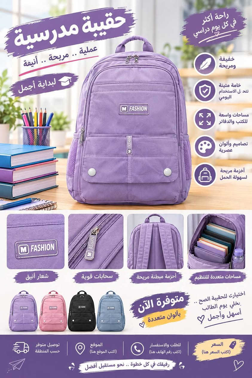 🎒✨ حقيبة مدرسية تجمع بين الأناقة والقوة!
📚 خفيفة ومريحة للطالب
💪 خامة متينة تتحمل الاستخدام اليومي
🎒 تصميم عملي ومساحات واسعة للكتب والدفاتر
✨ ألوان وتصاميم عصرية تناسب جميع الأذواق
👌 أحزمة مريحة لسهولة الحمل
📢 لا تخلي بداية المدرسة بدون حقيبة مميزة!
🔥 متوفرة الآن
💰 السعر: [8000]
📍 الموقع: [بابل/الحلة]
📞 للطلب والاستفسار: [***********]
🚚 توصيل متوفر داخل الحي العسكري مجانا
اختيارك للحقيبة الصح… يخلي يوم الطالب أسهل وأجمل ❤️🎒

نص مكتوب في الصور:
- حقيبة مدرسية عملية .. مريحة .. أنيقة لبداية أجمل راحة أكثر في كل يوم دراسي خفيفة ومريحة خامة متينة تتحمل الاستخدام اليومي مساحات واسعة للكتب والدفاتر تصاميم وألوان عصرية أحزمة مريحة لسهولة الحمل شعار أنيق سحابات قوية أحزمة مبطنة مريحة مساحات متعددة للتنظيم اختيارك للحقيبة الصح .. يخلي يوم الطالب أسهل وأجمل متوفرة الآن بألوان متعددة السعر (اكتب السعر هنا) للطلب والاستفسار (اكتب رقم الهاتف هنا) الموقع (اكتب الموقع هنا) توصيل متوفر حسب المنطقة رفيقك في كل خطوة .. نحو مستقبل أفضل
- حقيبة مدرسية عملية .. مريحة .. أنيقة لبداية أجمل راحة أكثر في كل يوم دراسي خفيفة ومريحة خامة متينة تتحل الاستخدام اليومي مساحات واسعة للكتب والدفاتر تصاميم وألوان عصرية أحزمة مريحة لسهولة الحمل شعار أنيق سحابات قوية أحزمة مبطنة مريحة مساحات متعددة للتنظيم اختيارت للحقيبة الصح .. بخلي يوم الطالب أسهل وأجمل متوفرة الآن بألوان متعددة السعر (اكتب السعر هنا) للطلب والاستفسار (اكتب رقم الهاتف هنا) الموقع (اكتب الموقع هنا) توصيل متوفر حسب المنطقة رفيقك في كل خطوة .. نحو مستقبل أفضل
- حقيبة مدرسية تصميم عصري ... جودة عالية لأن مستقبلك يستحق الأفضل 🤍 راحة أكثر في كل يوم دراسي خفيفة ومريحة خامة متينة تتحمل الاستخدام اليومي مساحات واسعة للكتب والدفاتر تصاميم أنيقة وتناسب جميع الأذواق أحزمة مريحة لسهولة الحمل شعار أنيق سحابات قوية أحزمة مبطنة مريحة مساحات متعددة للتنظيم اختيارك للحقيبة الصح .. يخلي يوم الطالب أسهل وأجمل 🤍 متوفرة الآن بألوان متعددة السعر (اكتب السعر هنا) للطلب والاستفسار (اكتب رقم الهاتف هنا) الموقع (اكتب الموقع هنا) توصيل متوفر حسب المنطقة معك في كل خطوة .. نحو مستقبل أفضل
- العودة إلى المدرسة خفيفة ومريحة خامة متينة تتحمل الاستخدام اليومي مساحات واسعة للكتب والدفاتر ألوان جذابة وتصاميم عصرية أحزمة مريحة لسهولة الحمل حقيبة مدرسية عملية .. مريحة .. أنيقة لأن راحتك أهم شعار أنيق سحابات قوية أحزمة مبطنة مريحة مساحات متعددة للتنظيم اختيارك للحقيبة الصح .. يخلى يوم الطالب أسهل وأجمل متوفرة الآن بألوان متعددة توصيل متوفر حسب المنطقة الموقع (اكتب الموقع هنا) للطلب والاستفسار (اكتب رقم الهاتف هنا) السعر (اكتب السعر هنا)
- حقيبة مدرسية عملية .. مريحة .. أنيقة لبداية دراسية أفضل رفيقك في كل يوم دراسي خفيفة ومريحة خامة متينة تتحمل الاستخدام اليومي مساحات واسعة للكتب والدفاتر تصاميم وألوان عصرية تناسب جميع الأذواق أحزمة مريحة لسهولة الحمل شعار أنيق سحابات قوية أحزمة مبطنة مريحة مساحات متعددة للتنظيم إختيارك للحقيبة الصح .. يخلي يوم الطالب أسهل وأجمل متوفرة الآن بألوان متعددة السعر (اكتب السعر هنا) للطلب والاستفسار (اكتب رقم الهاتف هنا) الموقع (اكتب الموقع هنا) توصيل متوفر حسب المنطقة