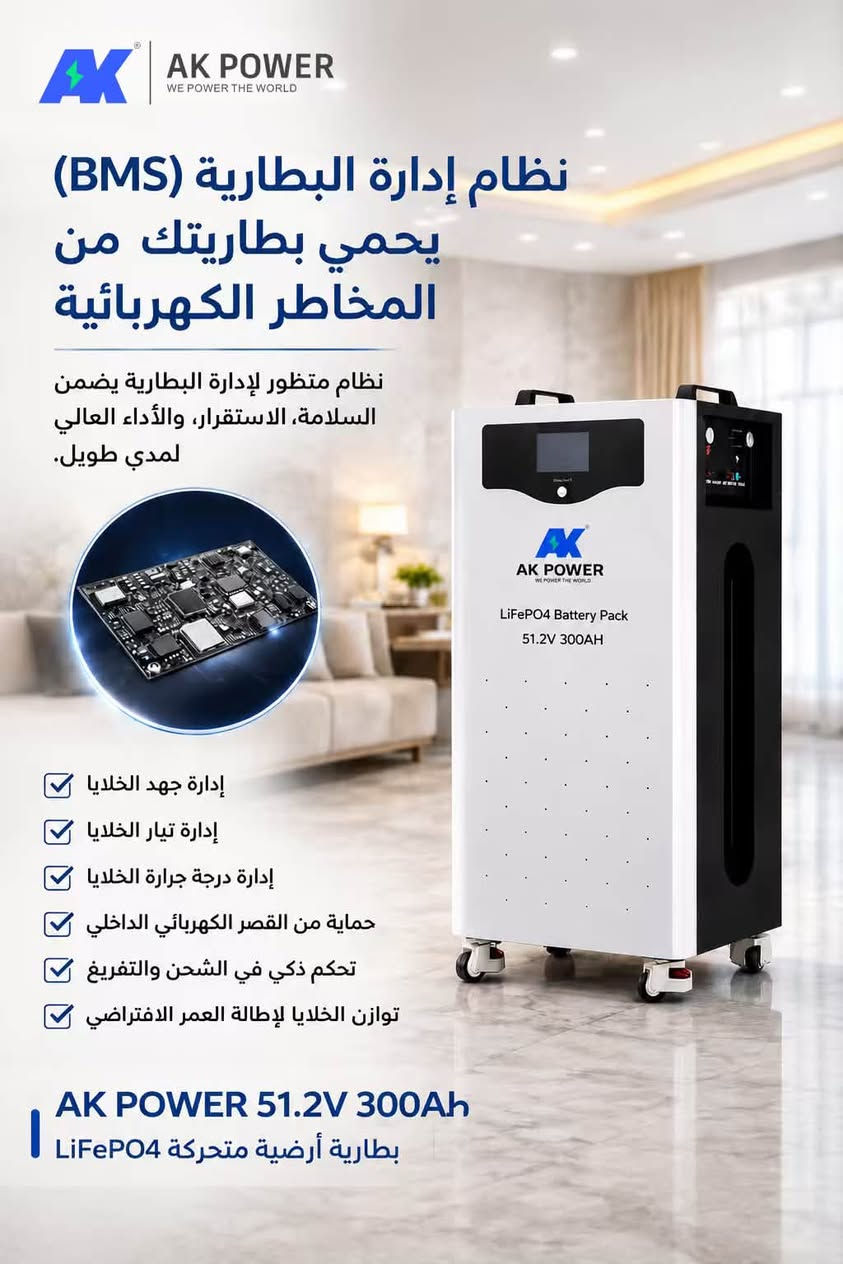 🔋 بطاريات AK POWER  ☀️

حل موثوق لتخزين الطاقة، مناسب للأنظمة المنزلية والتجارية والمشاريع بمختلف أحجامها.

⚡ سعة 15 kWh
🔋 تقنية Lithium
🔄 حتى 8000 دورة
🛡️ أداء مستقر وعمر تشغيلي طويل

📦 بيع جملة ومفرد
🏢 تجهيز الشركات والمكاتب
🤝 تجهيز المقاولين وأصحاب المشاريع
📋 أسعار خاصة للكميات والمشاريع
🚚 تجهيز وتسليم داخل العراق

المدى للطاقة الشمسية
📞 ***********
💬 للاستفسار عن الأسعار والتجهيز، راسلنا على الخاص.

نص مكتوب في الصور:
- AK POWER WE POWER THE WORLD نظام إدارة البطارية (BMS) يحمي بطاريتك من المخاطر الكهربائية نظام متطور لإدارة البطارية يضمن السلامة، الاستقرار، والأداء العالي لمدى طويل. إدارة جهد الخلايا إدارة تيار الخلايا إدارة درجة حرارة الخلايا حماية من القصر الكهربائي الداخلي تحكم ذكي في الشحن والتفريغ توازن الخلايا لإطالة العمر الافتراضي دورة حياة طويلة تصل إلى 8000 دورة AK POWER 51.2V 300Ah بطارية أرضية متحركة LiFePO4 ضمان 5 سنوات المنازل المحلات المزارع المصانع المنظومات الشمسية المدي للطاقة الشمسية حلول طاقة ذكية.. لمستقبل، أفضل للاستفسار والحجز *********** الكمية محدودة احجز الآن
- AK POWER WE POWER THE WORLD نظام إدارة البطارية (BMS) يحمي بطاريتك من المخاطر الكهربائية نظام متطور لإدارة البطارية يضمن السلامة، الاستقرار، والأداء العالي لمدي طويل. إدارة جهد الخلايا إدارة تيار الخلايا إدارة درجة حرارة الخلايا حماية من القصر الكهربائي الداخلي تحكم ذكي في الشحن والتفريغ توازن الخلايا لإطالة العمر الافتراضي AK POWER 51.2V 300Ah بطارية أرضية متحركة LiFePO4
