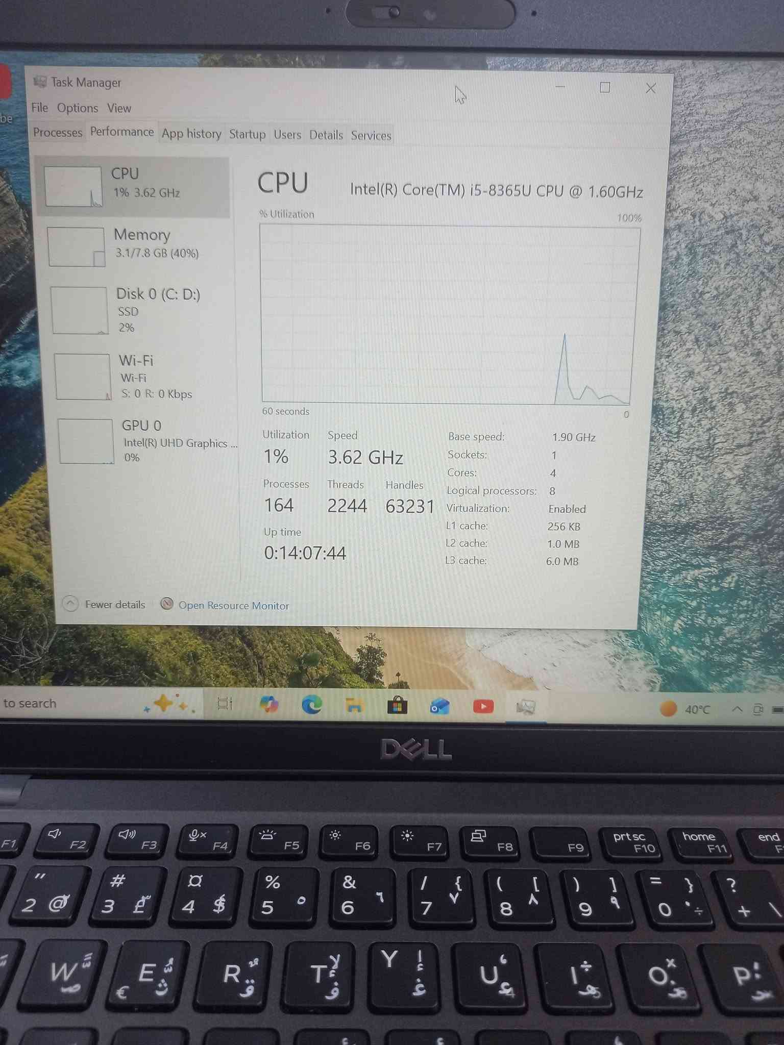 لابتوب دل dell 5400
الجيل الثامن 
المعالج كور اي 5 الجيل 8
الهارد    256    ssd  m.2
الرام 8.  ddr4 
كارت الشاشة  4  شير 
حجم الشاشة  14 
الشاحنة اصلية 
يحتوي على منفذ تايب سي للشحن او نقل البيانات
نظام التشغيل ويندوز 10 عربي انكليزي 
الملحقات شاحنة وجنطة 
السعر  235

***********
***********
يوجد توصيل

متوفر 
تتوفر مجموعة لابتوبات بأسعار مناسبة ومواصفات مختلفة

نص مكتوب في الصور:
- About Installed RAM 8.00 GB Speed: 2667 MHz Processor Intel(R) Core(TM) i5-8365U CPU @ 1.60GHz 1.90 GHz Graphics Card 128 MB Intel(R) UHD Graphics 620 Storage 238 GB 42 GB of 238 GB used DESKTOP-L2IRLAM Latitude 5400 Rename this PC Device Specifications Copy Device Name DESKTOP-L2IRLAM Processor Intel(R) Core(TM) i5-8365U CPU @ 1.60GHz 1.90 GHz Installed RAM 8.00 GB (7.82 GB usable) Graphics Card Intel(R) UHD Graphics 620 (128 MB) Storage 238 GB SSD KBG40ZNS256G NVMe KIOXIA 256GB Device ID B5113A91-7FFA-414B-B582-723D8E6E85D8 Product ID 00330-52430-95833-AAOEM System Type 64-bit operating system, x64-based processor BitLocker settings Device Manager Remote desktop System protection Advanced system settings Rename this PC (advanced) Help from the web Finding out how many cores a processor has Checking multiple languages Checking multiple languages Get help Give feedback
- About Speed: 2667 MHz 1.90 GHz 620 42 GB of 238 GB used Advanced DESKTOP-L2IRLAM Latitude 5400 Rename this PC Rename th Help from th Finding out processor ha Checking mu Device Specifications Copy Checking mu Device Name DESKTOP-L2IRLAM Processor Intel(R) Core(TM) i5-8365U CPU @ 1.60GHz 1.90 GHz Installed RAM 8.00 GB (7.82 GB usable) Graphics Card Intel(R) UHD Graphics 620 (128 MB) Storage 238 GB SSD KBG40ZNS256G NVMe KIOXIA 256GB Device ID B5113A91-7FFA-414B-B582-723D8E6E85D8 Product ID 00330-52430-95833-AAOEM System Type 64-bit operating system, x64-based processor Pen and touch No pen or touch input is available for this display Frequently asked questions How does having 8-16 GB of RAM impact my PC's performance? Can I run modern applications smoothly with this RAM capacity? Is my GPU sufficient for high end gaming and video experience? How can having a dedicated GPU enhance my experience and productivity? 40°C
- Task Manager File Options View Processes Performance App history Startup Users Details Services CPU 1% 3.62 GHz Memory 3.1/7.8 GB (40%) Disk 0 (C: D:) SSD 2% Wi-Fi Wi-Fi S: 0 R: 0 Kbps GPU 0 Intel(R) UHD Graphics ... 0% Fewer details Open Resource Monitor CPU Intel(R) Core(TM) i5-8365U CPU @ 1.60GHz % Utilization 100% 60 seconds 0 Utilization 1% Speed 3.62 GHz Base speed: 1.90 GHz Sockets: 1 Cores: 4 Processes 164 Threads 2244 Handles 63231 Logical processors: 8 Virtualization: Enabled L1 cache: 256 KB Up time 0:14:07:44 L2 cache: 1.0 MB L3 cache: 6.0 MB to search 40°C
- Task Manager
- File Options View
- Processes Performance App history Startup Users Details Services
- CPU
- 60% 2.76 GHz
- Memory
- 3.2/7.8 GB (41%)
- Disk 0 (C: D:)
- SSD
- 13%
- Wi-Fi
- S: 168 R: 976 Kbps
- GPU 0
- Intel(R) UHD Graphics...
- 0%
- 8.0 GB
- 7.8 GB
- 60 seconds
- 0
- Memory composition
- In use (Compressed)
- 3.1 GB (41.6 MB)
- Available
- 4.7 GB
- Speed:
- Slots used:
- Form factor:
- Hardware reserved:
- 2400...
- 1 of 2
- SODI...
- 186...
- Committed
- 2.9/9.7 GB
- Cached
- 1.4 GB
- Paged pool
- 220 MB
- Non-paged pool
- 262 MB
- Fewer details
- Open Resource Monitor
- 5% 1.66 GHz
- 3.1/7.8 GB (40%)
- 11%
- S: 0 R: 0 Kbps
- Intel(R) UHD Graphics ...
- 1%
- Disk 0 (C: D:) KBG40ZNS256G NVMe KIOXIA 256GB
- Active time
- 100%
- Disk transfer rate
- 500 KB/s
- 450 KB/s
- Average response time
- 2.0 ms
- Capacity:
- 239 GB
- Formatted:
- System disk:
- Yes
- Read speed
- 797 KB/s
- Write speed
- 5.5 MB/s
- Page file:
- Type:
- search
- 40°C
- 11% 1.62 GHz
- 5%
- GPU
- Intel(R) UHD Graphics 620
- 3D
- 0% Copy
- Video Decode
- 0% Video Processing
- Shared GPU memory usage
- 3.9 GB
- Utilization
- GPU Memory
- 0.1/3.9 GB
- Shared GPU memory
- Driver version:
- Driver date:
- DirectX version:
- Physical location:
- 31.0.101.2127
- 11/13/2023
- 12 (FL 12.1)
- PCI bus 0, device 2...
- e to search