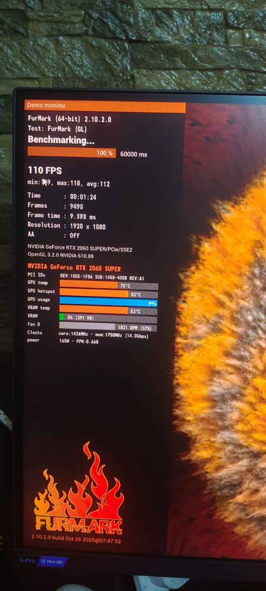 Cori5 10400f

Rtx 2060s

Ram 16 

M2 265

Ssd 500 

MB b460

UPS 2000VA  صارلة اسبوع

مراوس بلابتوب او بيع

السعر 800 الف مكاني بغداد ابو غريب توصيل داخل بغداد فقط
*********** رقم واتس بغداد, العراق

نص مكتوب في الصور:
- Demo monitor FurMark (64-bit) 2.10.2.0 Test: FurMark (GL) Benchmarking... 100% 60000 ms 110 FPS min: 109, max: 118, avg: 112 Time : 00:01:24 Frames : 9490 Frame time : 9.298 ms Resolution : 1920 x 1080 AA : Off NVIDIA GeForce RTX 2060 SUPER/PCIe/SSE2 OpenGL 3.2.0 NVIDIA 610.88 NVIDIA GeForce RTX 2060 SUPER PCI IDs DEV:10DE-1F06 SUB:1458-400B REV:A1 GPU temp 70 °C GPU hotspot 83 °C GPU usage 99% VRAM temp 83 °C VRAM 5% (391 MB) fan 0 1831 RPM (57%) Clocks core: 1426MHz - mem: 1750MHz (14.0Gbps) power 165W - PPW: 0.668 FURMARK 2.10.2.0 build Oct 26 2025@07:47:52 G Pro Mini LED