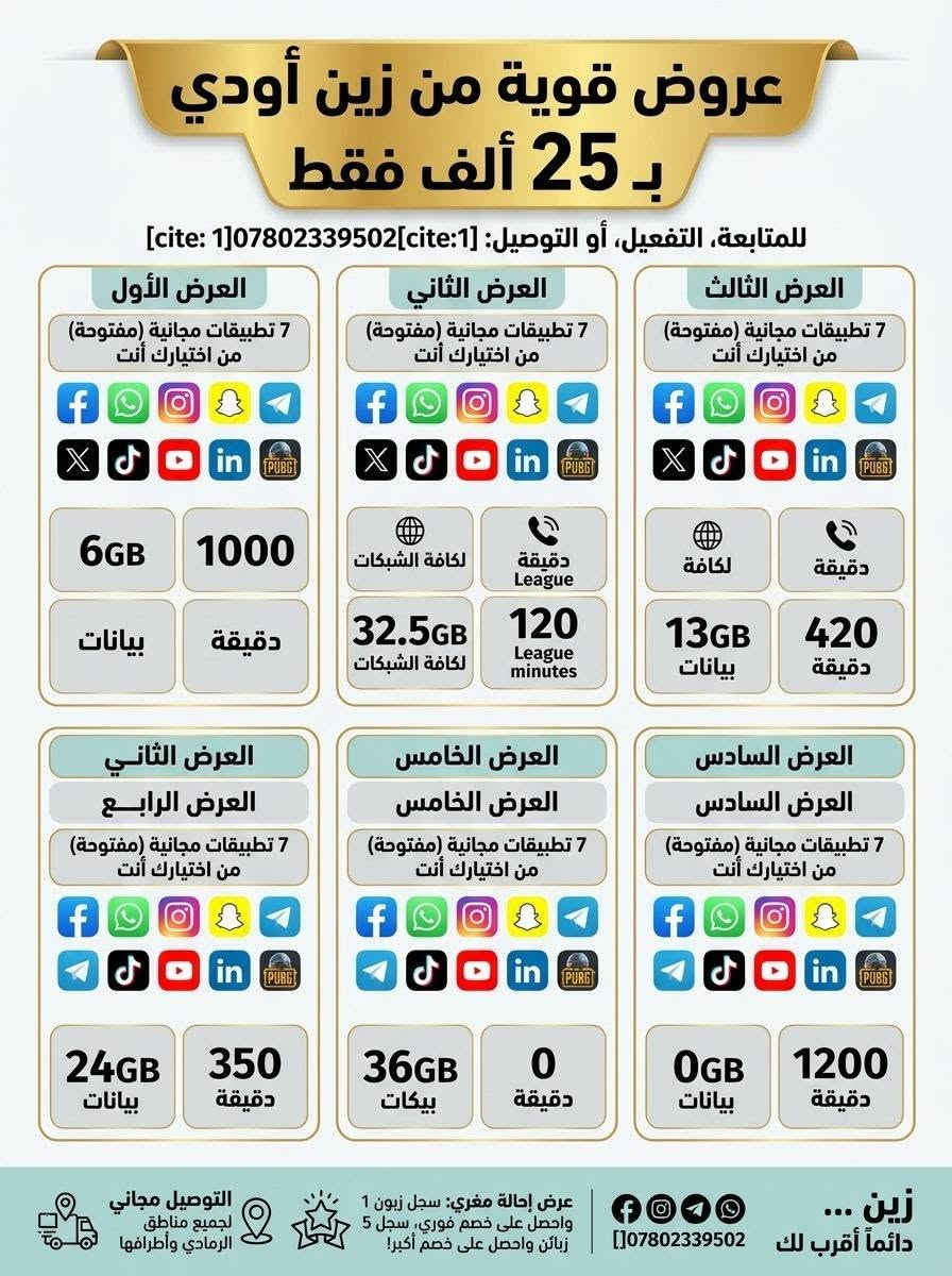 📢 عروض زين أودي الصادمة وصلت الرمادي! 💥
تريد إنترنت سريع، تطبيقات مجانية، ودقائق مكالمات بدون ما تفرغ جيبك؟ 🤔 شريحة زين أودي (oodi) تقدم لك أقوى الباقات التوفيرية بأسعار تنافسية وتغطية 4G فائقة السرعة! 🚀✨

اختر الباقة اللي تناسب استخدامك اليومي أو الشهري:
🔹 باقة 15,000 دينار: تتضمن 4 تطبيقات مجانية من اختيارك (فيسبوك، إنستغرام، واتساب، بوبجي، سناب، وغيرها) + خيارات تصل إلى 10GB إنترنت أو 350 دقيقة مكالمات!

🔹 باقة 20,000 دينار: تطبيقات مجانية تصل إلى 9 تطبيقات + باقات إنترنت حتى 16GB أو 650 دقيقة مكالمات لجميع الشبكات!

🔹 باقة 25,000 دينار: 7 تطبيقات مجانية + إنترنت ضخم يصل إلى 36GB أو 1200 دقيقة مكالمات!

🔹 باقة 30,000 دينار: الأعلى توفيراً وقوة! 7 تطبيقات مجانية + باقات إنترنت اعلى وسعات تصل إلى 36GB أو 1200 دقيقة!

🎁 مفاجأة العرض (عرض الإحالة المغري): شارك العرض مع أصدقائك واستفد! 👥 سجل زبون 1 👈 احصل على خصم فوري! 👥 سجل 5 زبائن 👈 احصل على خصم أكبر وأقوى!

🚗 خدمة التوصيل والتفعيل: مجاناً وبشكل فوري لأي مكان داخل مدينة الرمادي وأطرافها! نصلك أينما كنت وفي أي وقت.

👇 طلب الشريحة وتفعيلها فوراً: 📞 اتصل أو راسلنا عبر الواتساب: ***********
💚 زين... دائماً أقرب لك

نص مكتوب في الصور:
- Zain اودي عروض قوية من زين اودي دائماً أكثر من مجرد خط كل هذا العرض بـ 20 فقط تريد التفعيل عليك والخط مجاني تريد تفعل علينا العرض الأول مميزات الخط 9 تطبيقات مجانية (مفتوحة) من اختيارك انت واتساب انستغرام فيسبوك تيليگرام سناب بوبجي توتير 9 إيبينات 300 دقيقة لكافة الشبكات العرض الثاني مميزات الخط 6 تطبيقات مجانية (مفتوحة) من اختيارك انت واتساب انستغرام فيسبوك تيليگرام سناب بوبجي توتير 6 إنترنت 420 دقيقة لكافة الشبكات العرض الثالث مميزات الخط 5 تطبيقات مجانية (مفتوحة) من اختيارك انت واتساب انستغرام فيسبوك تيليگرام سناب بوبجي توتير 13 إنترنت 120 دقيقة لكافة الشبكات العرض الرابع مميزات الخط 5 تطبيقات مجانية (مفتوحة) من اختيارك انت واتساب انستغرام فيسبوك تيليگرام سناب بوبجي توتير 16 إنترنت 0 دقيقة لكافة الشبكات العرض الخامس مميزات الخط 0 تطبيقات مجانية (مفتوحة) من اختيارك انت واتساب انستغرام فيسبوك تيليگرام سناب بوبجي توتير 0 إنترنت 650 دقيقة لكافة الشبكات دقيقة لكافة الشبكات أمان عالي لحسابك إنترنت سريع وفائق الجودة تغطية واسعة 4G أفضل سعر واقوى العروض التوصيل مجاني لجميع مناطق الرمادي وأطرافها عرض إحالة مغري: سجل زبون 1 واحصل على خصم فوري، سجل 5 زبائن واحصل على خصم أكبر *********** زين دائما أقرب لك
- عروض قوية من زين أودي بـ 25 ألف فقط للمتابعة، التفعيل، أو التوصيل: *********** العرض الأول 7 تطبيقات مجانية (مفتوحة) من اختيارك أنت 6GB بيانات 1000 دقيقة العرض الثاني 7 تطبيقات مجانية (مفتوحة) من اختيارك أنت لكافة الشبكات 32.5GB لكافة الشبكات دقيقة League 120 League minutes العرض الثالث 7 تطبيقات مجانية (مفتوحة) من اختيارك أنت لكافة 13GB بيانات 420 دقيقة العرض الرابع العرض الثاني 7 تطبيقات مجانية (مفتوحة) من اختيارك أنت 24GB بيانات 350 دقيقة العرض الخامس العرض الخامس 7 تطبيقات مجانية (مفتوحة) من اختيارك أنت 36GB بيكات 0 دقيقة العرض السادس العرض السادس 7 تطبيقات مجانية (مفتوحة) من اختيارك أنت 0GB بيانات 1200 دقيقة زين ... دائماً أقرب لك *********** عرض إحالة مغري: سجل زبون 1 واحصل على خصم فوري، سجل 5 زبائن واحصل على خصم أكبر! التوصيل مجاني لجميع مناطق الرمادي وأطرافها
- للتواصل والطلب: Zain *********** أقرب إليك متوفر واتساب/اتصال زين دائماً الأفضل العرض الأول مميزات الخط 7 تطبيقات مجانية (مفتوحة) من اختيارك انت فيسبوك واتساب إنستغرام سناب شات تلكرام تويتر تيك توك يوتيوب بونتي بلي نکسی 6 كيكات (بيانات) 1000 دقيقة لكافة الشبكات العرض الثاني مميزات الخط 7 تطبيقات مجانية (مفتوحة) من اختيارك انت فيسبوك واتساب إنستغرام سناب شات تلكرام تويتر تيك توك يوتيوب بونتي بلي نکسی 32.5 كيكات (بيانات) 120 دقيقة لكافة الشبكات العرض الثالث مميزات الخط 7 تطبيقات مجانية (مفتوحة) من اختيارك انت فيسبوك واتساب إنستغرام سناب شات تلكرام تويتر تيك توك يوتيوب بونتي بلي نکسی 18 كيكات (بيانات) 1200 دقيقة لكافة الشبكات العرض الرابع مميزات الخط 7 تطبيقات مجانية (مفتوحة) من اختيارك انت فيسبوك واتساب السكگرام سان.هات تلكريام توتير تويك توك يوتيوب بونتي بلي تكسی 24 كيكات (بيانات) 350 دقيقة لكافة الشبكات العرض الخامس مميزات الخط 7 تطبيقات مجانية (مفتوحة) من اختيارك انت فيسبوك واتساب انستگرام سان.هات تلكريام توتير تيك توك يوتيوب بونتي بلي تكسی 36 كيكات (بيانات) 0 دقيقة لكافة الشبكات العرض السادس مميزات الخط 7 تطبيقات مجانية (مفتوحة) من اختيارك انت فيسبوك واتساب انستگرام سان.هات تلكريام توتير تيك توك يوتيوب بونتي بلي تكسی 0 كيكات (بيانات) 1200 دقيقة لكافة الشبكات ** عرض إحالة مغري: **سجل زبون 1، واحصل على خصم فوري. **سجل 5 زبائن، واحصل على خصم أكبر! 30,000 فقط دينار عراقي Zain أقرب إليك خدمة التوصيلي لجميع مناطق الرمادي واطرافها والتفعيل مي آي وقت ومكان فيسبوك واتساب إنستغرام سناب شات تلي گرام تويتر تيك توك يوتيوب بونتي بلي تكسی نزلت تستحي كل ما مو افضل
- عروض قوية من زين اودي  زين اودي  دائماً أكثر من مجرد خط  كل هذا العرض بـ 15 ألف  تريد التفعيل عليك والخط مجاني تريد تفعل علينا  العرض الاول  15,000 IQD (هاي فايف) 4 تطبيقات مجانية (مفتوحة) من اختيارك انت  واتساب  إنستگرام  فيسروك  تيليگرام  سناب  بوجي  3 كيكا (اليلقات)  250 دقيقة اكافة الشبكات  العرض الثاني  15,000 IQD (هاي فايف) 4 تطبيقات مجانية (مفتوحة) من اختيارك انت  واتساب  إنستگرام  فيسروك  تيليگرام  سناب  بوجي  8 كيكا (الترنت)  75 دقيقة اكافة الشبكات  العرض الثالث  15,000 IQD (هاي فايف) 4 تطبيقات مجانية (مفتوحة) من اختيارك انت  واتساب  إنستگرام  فيسروك  تيليگرام  سناب  بوجي  6 كيكا (الترنت)  150 دقيقة اكافة الشبكات  العرض الرابع  15,000 IQD (هاي فايف) 4 تطبيقات مجانية (مفتوحة) من اختيارك انت  واتساب  إنستگرام  فيسروك  تيليگرام  سناب  بوجي  10 كيكا (الترنت)  0 دقيقة اكافة الشبكات  العرض الخامس  15,000 IQD (هاي فايف) 4 تطبيقات مجانية (مفتوحة) من اختيارك انت  واتساب  إنستگرام  فيسروك  تيليگرام  سناب  بوجي  0 كيكا (الترنت)  350 دقيقة اكافة الشبكات  التوصيل مجاني لجميع مناطق الرمادي وأطرافها، في أي وقت ومكان.  تغطية أوسع 4G  جودة عالية  سرعة بالينينت  زين... دائماً أقرب لك  زين... دائماً أقرب لك  للمتابعة، التفعيل، أو التوصيل لأي مكان - تواصل واتساب: ***********  عرض إحالة مغري: [[] سجل زبون 1، واحصل على خصم فوري، [[] سجل 5 زبائن، واحصل على خصم أكبر!