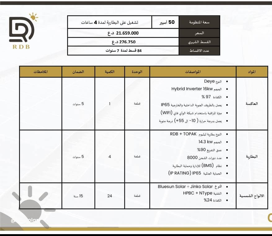 #الطاقة_الشمسية
#اقساط 
🔥حلم الطاقة الشمسية صار أسهل 🔥
مكتب الحويش 
 أمتلك منظومة الطاقة الشمسية اليوم 
وسدد بأقساط مريحة تصل الى 7 سنوات 
ضمن مبادرة البنك المركزي

 الواح شمسية عالية الكفاءة
 انفيرترات حديثة
 بطاريات لتخزين الطاقة
 تنصيب احترافي كامل
 ضمان حقيقي وخدمة ما بعد البيع
 امتلك منظومتك اليوم… وادفع على راحتك 
☀️ طاقة اقوى … وراحة اكثر 
مكتب الحويش للطاقة الشمسية وكامرات المراقبة 
نعمل في جميع محافظات العراق 
ديالى /الحويش -مجاور صيدلية حسن 
*********** م.علي

نص مكتوب في الصور:
- RDB
- سعة المنظومة 12 أمبير
- تشغيل على البطارية لمدة 4 ساعات
- السعر 6.470.000 د.ع
- القسط الشهري 82.750 د.ع
- عدد الاقساط 84 قسط لمدة 7 سنوات
- المواد المواصفات الوحدة الكمية الضمان الملاحظات
- العاكسة
- النوع Deye
- الحجم Hybrid Inverter 6kw
- الكفاءة 97 %
- يعمل بالظروف الجوية الداخلية والخارجية IP65
- ميزة المراقبة باستخدام شبكة الواي فاي (WIFI)
- يعمل بدرجة حرارة ( 10- الى +55) درجة مئوية
- قطعة
- 1
- 5 سنوات
- البطارية
- النوع بطارية ليثيوم RDB + TOPAK
- الحجم 14.3 kW
- عمق التفريغ 90%
- عدد دورات الشحن 8000
- نظام (BMS) للإدارة وحماية البطارية
- الحماية العالمية IP65 (IP RATING)
- الالواح الشمسية
- النوع Bluesun Solar + Jinko Solar
- التقنية HPBC + NType
- الكفاءة 24%
- 6
- 15 سنة
- 16 أمبير
- سعة المنظومة
- 7.319.000 د.ع
- السعر
- 93.750 د.ع
- القسط الشهري
- 84 قسط لمدة 7 سنوات
- عدد الاقساط
- الملاحظات
- الضمان
- الكمية
- الوحدة
- المواصفات
- المواد
- يعمل بدرجة حرارة ( 10- الى 55+) درجة مئوية
- النوع بطارية ليثيوم
- الحجم 16 kw
- 8
- 01.
- R D B تشغيل على البطارية لمدة 4 ساعات 20 أمبير سعة المنظومة السعر 9.581.000 د.ع القسط الشهري 122.500 د.ع عدد الاقساط 84 قسط لمدة 7 سنوات المواد المواصفات الوحدة الكمية الضمان الملاحظات العاكسة النوع Deye الحجم Hybrid Inverter 8kw الكفاءة 97% يعمل بالظروف الجوية الداخلية والخارجية IP65 ميزة المراقبة باستخدام شبكة الواي فاي (WIFI) يعمل بدرجة حرارة (-10- الى 55+) درجة مئوية قطعة 1 5 سنوات البطارية النوع بطارية ليثيوم TOPAK + RDB الحجم 10kw عمق التفريغ 90% عدد دورات الشحن 8000 نظام (BMS) للإدارة وحماية البطارية الحماية العالمية IP65 (IP RATING) قطعة 2 5 سنوات الالواح الشمسية النوع Jinko Solar + Bluesun Solar التقنية NType + HPBC الكفاءة 24% قطعة 10 15 سنة
- RDB سعة المنظومة 30 أمبير تشغيل على البطارية لمدة 4 ساعات السعر 13.400.000 د.ع القسط الشهري 171.250 د.ع عدد الاقساط 84 قسط لمدة 7 سنوات المواد المواصفات الوحدة الكمية الضمان الملاحظات العاكسة النوع Deye الحجم Hybrid Inverter 10kw الكفاءة 97 % يعمل بالظروف الجوية الداخلية والخارجية IP65 ميزة المراقبة باستخدام شبكة الواي فاي (WIFI) يعمل بدرجة حرارة ( 10- الى 55+) درجة مئوية قطعة 1 5 سنوات البطارية النوع بطارية ليثيوم الحجم 16 kw عمق التفريغ 90% عدد دورات الشحن 8000 نظام (BMS) للإدارة وحماية البطارية الحماية العالمية IP65 (IP RATING) قطعة 2 5 سنوات الالواح الشمسية النوع Bluesun Solar + Jinko Solar التقنية HPBC + NType الكفاءة 24% قطعة 16 15 سنة 01.
- RDB سعة المنظومة 40 أمبير تشغيل على البطارية لمدة 4 ساعات السعر 17.316.000 د.ع القسط الشهري 221.250 د.ع عدد الاقساط 84 قسط لمدة 7 سنوات المواد المواصفات الوحدة الكمية الضمان الملاحظات العاكسة النوع Deye الحجم Hybrid Inverter 12kw الكفاءة 97% يعمل بالظروف الجوية الداخلية والخارجية IP65 ميزة المراقبة باستخدام شبكة الواي فاي (WIFI) يعمل بدرجة حرارة (10- الى 55+) درجة مئوية قطعة 1 5 سنوات البطارية النوع بطارية ليثيوم RDB + TOPAK الحجم 14.3 kW عمق التفريغ 90% عدد دورات الشحن 8000 نظام (BMS) للإدارة وحماية البطارية الحماية العالمية (IP RATING) IP65 قطعة 3 5 سنوات الالواح الشمسية النوع Bluesun Solar + Jinko Solar التقنية HPPC + NType الكفاءة 24% قطعة 20 15 سنة 01.
- RDB سعة المنظومة 50 أمبير تشغيل على البطارية لمدة 4 ساعات السعر 21.659.000 د.ع القسط الشهري 276.750 د.ع عدد الاقساط 84 قسط لمدة 7 سنوات المواد المواصفات الوحدة الكمية الضمان الملاحظات العاكسة النوع Deye الحجم Hybrid Inverter 16kw الكفاءة 97 % يعمل بالظروف الجوية الداخلية والخارجية IP65 ميزة المراقبة باستخدام شبكة الواي فاي (WIFI) يعمل بدرجة حرارة ( 10- الى 55+ ) درجة موية قطعة 1 5 سنوات البطارية النوع بطارية ليثيوم RDB + TOPAK الحجم 14.3 kW عمق التفريغ 90% عدد دورات الشحن 8000 نظام (BMS) للإدارة وحماية البطارية الحماية العالمية (IP RATING) IP65 قطعة 4 5 سنوات الالواح الشمسية النوع Bluesun Solar + Jinko Solar التقنية HPBC + NType الكفاءة 24% قطعة 24 15 سنة
- R D B تشغيل على البطارية لمدة 4 ساعات 60 أمبير سعة المنظومة 27.610.000 د.ع السعر 353.000 د.ع القسط الشهري 84 قسط لمدة 7 سنوات عدد الاقساط الملاحظات الضمان الكمية الوحدة المواصفات المواد العاكسة النوع Deye الحجم Hybrid Inverter 10kw الكفاءة 97 % يعمل بالظروف الجوية الداخلية والخارجية IP65 ميزة المراقبة باستخدام شبكة الواي فاي (WIFI) يعمل بدرجة حرارة (10- الى 55+) درجة مئوية قطعة 2 5 سنوات البطارية النوع بطارية ليثيوم RDB + TOPAK الحجم 14.3 kw عمق التفريغ 90% عدد دورات الشحن 8000 نظام (BMS) للإدارة وحماية البطارية الحماية العالمية IP65 (IP RATING) قطعة 5 5 سنوات الالواح الشمسية النوع Bluesun Solar + Jinko Solar التقنية HPBC + NType الكفاءة 24% قطعة 32 15 سنة 01.
- RDB سعة المنظومة 70 أمبير تشغيل على البطارية لمدة 4 ساعات السعر 29.949.000 د.ع القسط الشهري 382.750 د.ع عدد الاقساط 84 قسط لمدة 7 سنوات المواد المواصفات الوحدة الكمية الضمان الملاحظات العاكسة النوع Deye الحجم Hybrid Inverter 10kw الكفاءة 97% يعمل بالظروف الجوية الداخلية والخارجية IP65 ميزة المراقبة باستخدام شبكة الواي فاي (WIFI) يعمل بدرجة حرارة (10- الى 55+) درجة موية قطعة 2 5 سنوات البطارية النوع بطارية لثيوم الحجم 16kw عمق التفريغ 90% عدد دورات الشحن 8000 نظام (BMS) للإدارة وحماية البطارية الحماية العالمية (IP RATING) IP65 قطعة 5 5 سنوات الالواح الشمسية النوع Bluesun Solar + Jinko Solar التقنية HPBC + NType الكفاءة 24% قطعة 36 15 سنة 01.
- إجراءات التقديم على منظومة الطاقة الشمسية
- 1. يقوم الزبون بالحضور الى مقر الشركة واختيارة المنظومة المناسبة
- 2. توقيع عقد بين الشركة والزبون
- 3. فاتورة عرض سعر
- 4. التوجة الى المصرف وفتح حساب وايداع مبلغ ٣٥٠,٠٠٠ مع كافة المستمسكات
- 5. سحب استمارة من المصرف ويتوجة الزبون الى دائرة والاستحصال كتاب استمرارية الخدمة مع الباركود
- 6. البصمة القانونية في المصرف من بعدها تقوم الشركة باكمال باقي الاجراءات
- 03.
