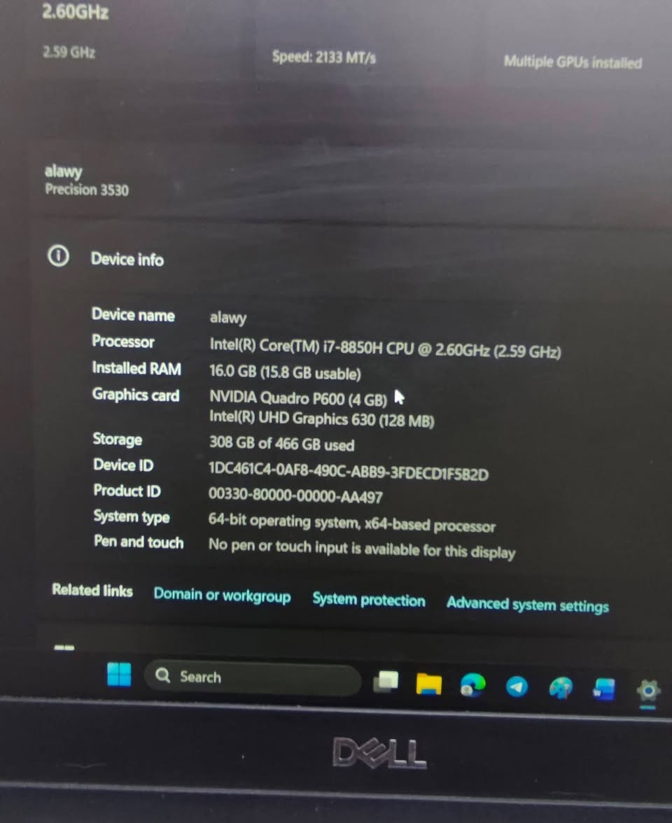 للبيع لابتوب 3530 Dell Precision
المواصفات:

- المعالج: Intel Core i7 HQ جيل ثامن
- كرت الشاشة المنفصل: NVIDIA Quadro P600 4GB
- كرت الشاشة المدمج: Intel HD Graphics 4GB
- الرام (RAM): 16GB DDR4
- التخزين: SSD سعة 512GB (نصف تيرابايت)
- الشاشة: 17 انش

مميزات الجهاز:

- Workstation احترافي مناسب للتصميم والأعمال الهندسية.
- مناسب لبرامج AutoCAD وSolidWorks و3ds Max وPhotoshop.
- أداء قوي وسريع بفضل معالج i7 وذاكرة 16GB وقرص SSD.
- شاشة كبيرة 17 بوصة مريحة للعمل والدراسة.
- كرت شاشة NVIDIA Quadro P600 احترافي بذاكرة 4GB.

مناسب للخريجين الجدد الي يحبون يتعلمون البرامج الهندسية

جهاز نضيف وبطاريته ممتازه مشكلتة الوحيده منفذ الشحن الاساسي خربان،
طريقة الشحن عبر منفذ Type-C

سعر 450 الف وبي مجال للشراي

ميسان
***********
