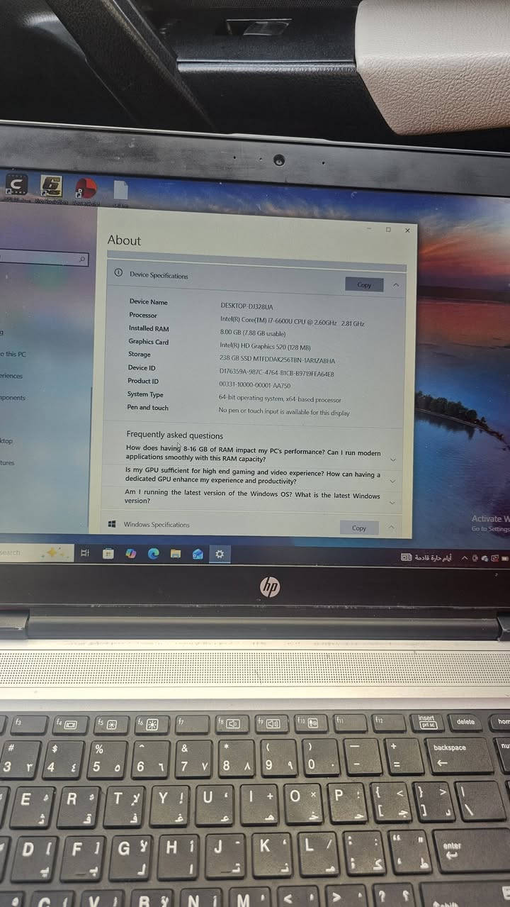 لابتوب HP للبيع – نظيف ومرتب
🔹 المعالج: Intel Core i7-6600U
🔹 الجيل: السادس
🔹 الرام: 8GB
🔹 التخزين: SSD 238GB
🔹 كرت الشاشة: Intel HD Graphics 520
🔹 النظام: Windows 10 – 64 Bit
🔹 مناسب للدراسة والجامعة والبرامج الهندسية مثل AutoCAD وArchiCAD
🔹 الجهاز شغال بصورة جيدة ونظيف

💰 السعر: 300 ألف دينار
📍 المكان: بغداد
📞 ***********

نص مكتوب في الصور:
- About Device Specifications Copy Device Name DESKTOP-DJ328UA Processor Intel(R) Core(TM) i7-6600U CPU @ 2.60GHz 2.81 GHz Installed RAM 8.00 GB (7.88 GB usable) Graphics Card Intel(R) HD Graphics 520 (128 MB) Storage 238 GB SSD MTFDDAK256TBN-1AR1ZABHA Device ID D176359A-987C-4764-B1CB-B9719FEA64E8 Product ID 00331-10000-00001-AA750 System Type 64-bit operating system, x64-based processor Pen and touch No pen or touch input is available for this display Frequently asked questions How does having 8-16 GB of RAM impact my PC's performance? Can I run modern applications smoothly with this RAM capacity? Is my GPU sufficient for high end gaming and video experience? How can having a dedicated GPU enhance my experience and productivity? Am I running the latest version of the Windows OS? What is the latest Windows version? Windows Specifications Copy
- About Your PC is monitored and protected. See details in Windows Security Installed RAM 8.00 GB Speed: 2133 MHz Processor Intel(R) Core(TM) i7-6600U CPU @ 2.60GHz 2.81 GHz Graphics Card 128 MB Intel(R) HD Graphics 520 Storage 238 GB 130 GB of 238 GB used DESKTOP-DJ328UA HP ProBook 650 G2 Rename this PC Device Specifications Copy Device Name DESKTOP-DJ328UA Processor Intel(R) Core(TM) i7-6600U CPU @ 2.60GHz 2.81 GHz Installed RAM 8.00 GB (7.88 GB usable) Graphics Card Intel(R) HD Graphics 520 (128 MB) Storage 238 GB SSD MTFDDAK256TBN-1AR1ZABHA Device ID D176359A-987C-4764-B1CB-B9719FEA64F8