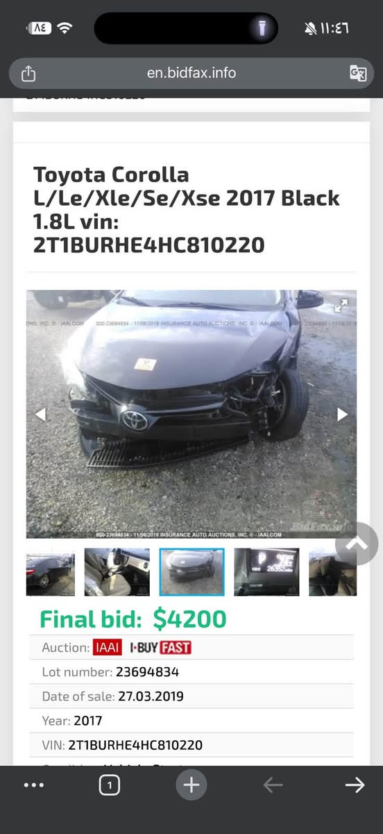 كورلا 2017 محسن
سلايت 
داخل لونين 
ضرر فقط جامرلغ السايق بيها براس الشاصي قليل 
138$ بيها مجال قليل 
***********
