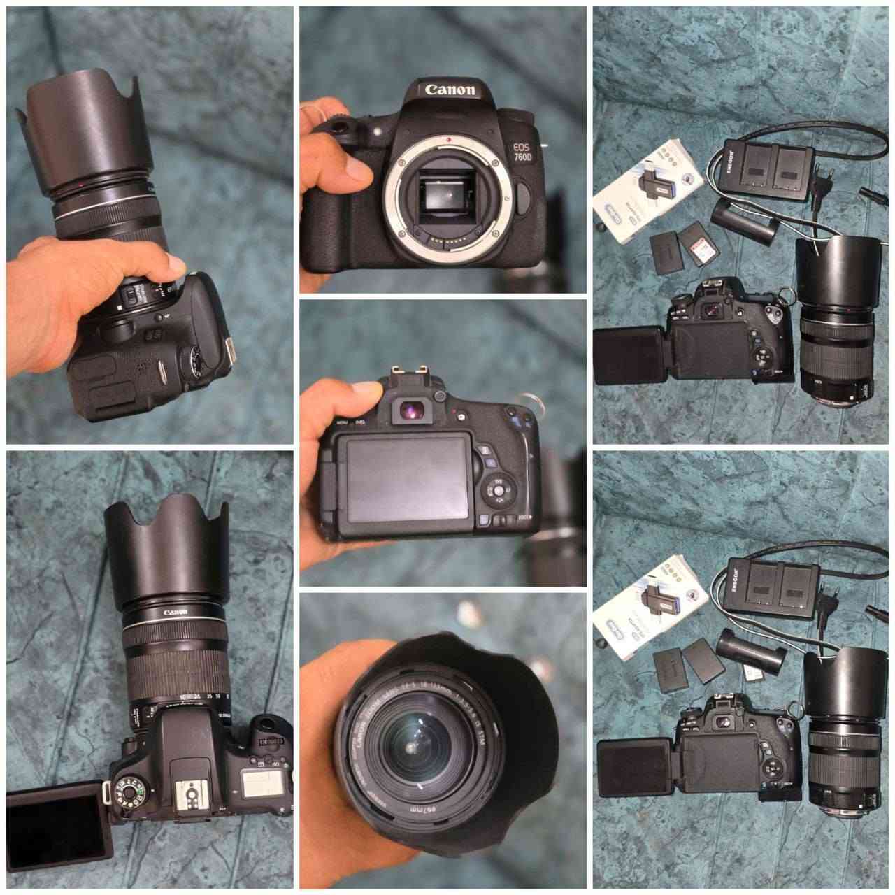 كامرا كانون 760D مع عدسة 18-135 
بطاريات عدد ٢ 
شاحنه مزدوجه 
كامرا نضيفه جدا استخدام شخصي 
تصور فيديو وصور بدقه 

شاشة لمس
 قلابة 360 درجه 

السعر 750 توصيل جميع المحافضات مجاني 
***********
