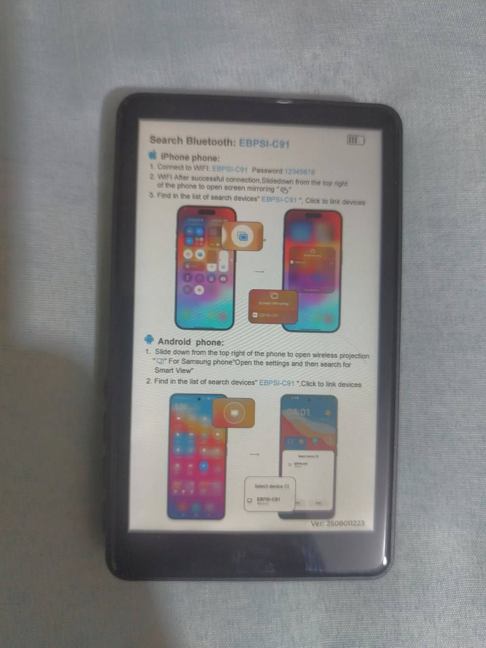 [للبيع] شاشة سيلفي مغناطيسية ذكية للربط اللاسلكي مع الموبايل (Magnetic Selfie Screen / EBPSI C91)
​شاشة ذكية مصممة خصيصاً لصناع المحتوى والبث المباشر، تثبت مغناطيسياً خلف الموبايل لتعرض لك ما تصوره الكاميرا الخلفية بدقة عالية، مما يتيح لك استخدام الكاميرا الأساسية الممتازة للتصوير والسيلفي بدلاً من الأمامية.
​أهم الميزات والمواصفات:
✅ النوع والوظيفة: شاشة عرض سيلفي مغناطيسية لاسلكية (Magnetic Selfie Screen / Wireless Projection Screen).
✅ التثبيت: تثبيت مغناطيسي قوي وسهل على ظهر الهاتف (يدعم MagSafe ومناسب لكافة الأجهزة).
✅ الاتصال والربط: ترتبط لاسلكياً عبر الواي فاي والبلوتوث دون الحاجة لأسلاك مع تدعم أجهزة iPhone (عن طريق Screen Mirroring) و Android (عن طريق Smart View / Wireless Projection).
✅ الاستخدامات: مثالية لصناع المحتوى على تيك توك، يوتيوب، الفلوغات (Vlogs)، والبث المباشر لرؤية نفسك أثناء التصوير بدقة الكاميرا الخلفية.
✅ الملحقات: كابل شحن Type-C مرفق داخل العلبة.
✅ الحالة: جديدة تماماً داخل الكارتون الأصلي.
​💰 السعر: 25.000 مع توصيل 
​📲 للتواصل عبر الواتساب: ***********

نص مكتوب في الصور:
- Search Bluetooth: EBPSI-C91
- iPhone phone:
- 1. Connect to WiFi: EBPSI-C91 Password: 12345678
- 2. WIFI After successful connection, Slidedown from the top right
- of the phone to open screen mirroring "
- 3. Find in the list of search devices" EBPSI-C91 ", Click to link devices
- Android phone:
- 1. Slide down from the top right of the phone to open wireless projection
- " " For Samsung phone "Open the settings and then search for
- Smart View"
- 2. Find in the list of search devices" EBPSI-C91 ",Click to link devices
- Ver: 2508011223