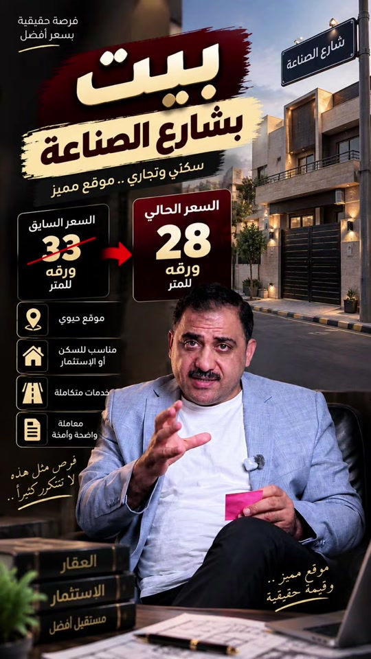 عقارات الكراده بيت للبيع في الكراده المساحه 225 متر موقع جدا ممتاز البيت مجدد بالكامل بشكل راقي ولدينا عروض متميزه في الكراده الداخل والكراده خارج ما عليك سوى زياره موقعنا في بغداد الحارثي اهلا ومرحبا بكم

نص مكتوب في الصور:
- فرصة حقيقية بسعر أفضل بيت بشارع الصناعة سكني وتجاري .. موقع مميز السعر السابق 33 ورقة للمتر السعر الحالي 28 ورقة للمتر موقع حيوي مناسب للسكن أو الإستثمار خدمات متكاملة معاملة واضحة وآمنة فرص مثل هذه لا تتكرر كثيراً .. موقع مميز .. وقيمة حقيقية